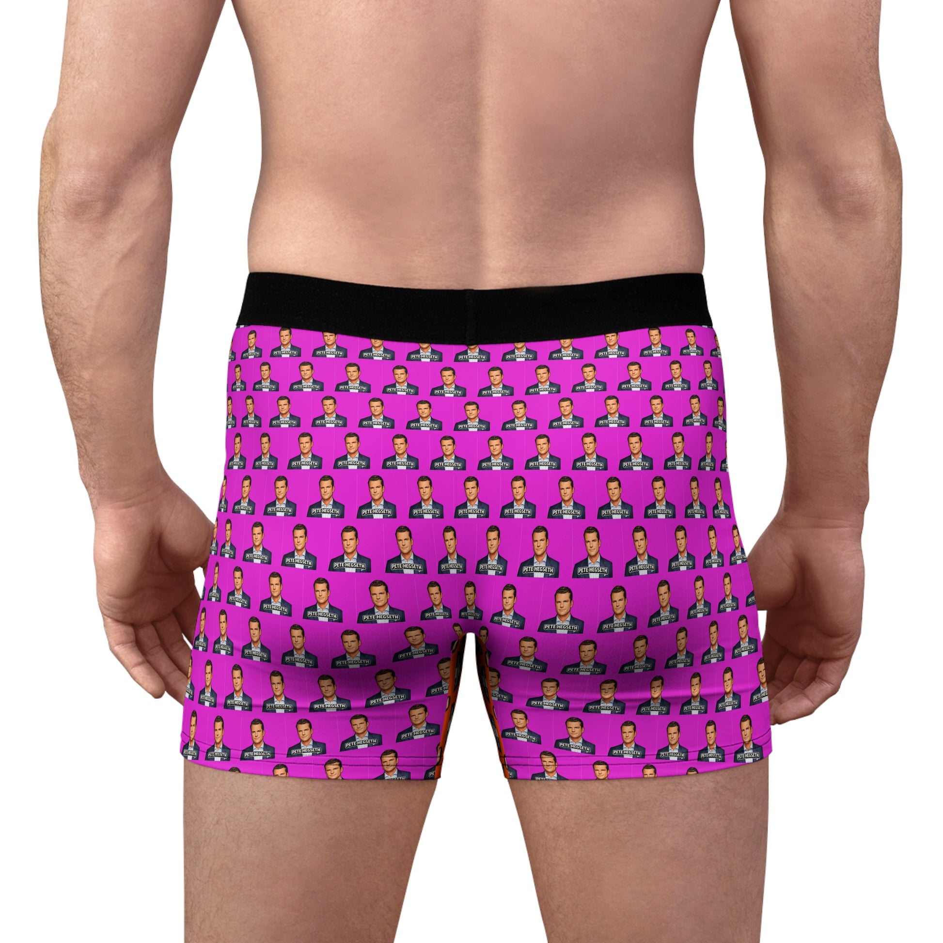 Rear view of male model wearing Pete Hegseth men's boxer briefs featuring an all-over portrait print.