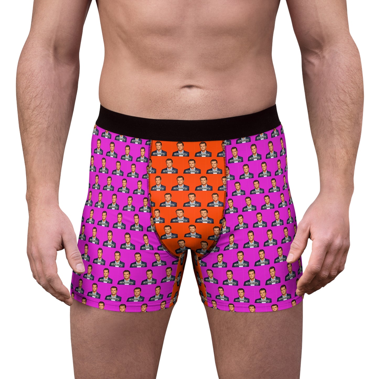 Male model wearing Pete Hegseth men's boxer briefs with all-over print design and contrasting orange front panel.