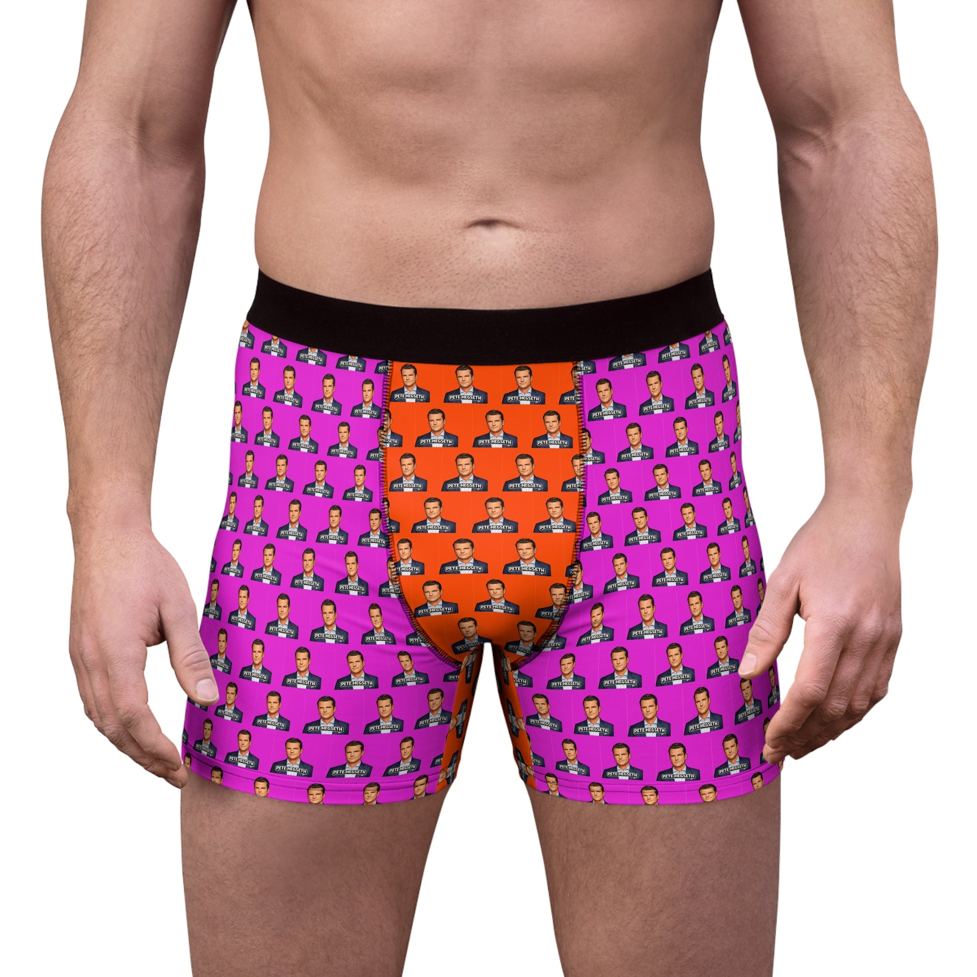 Male model wearing Pete Hegseth men's boxer briefs with all-over print design and contrasting orange front panel.