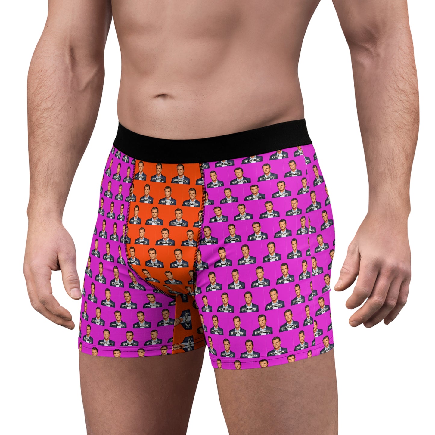 Male model showcasing Pete Hegseth novelty boxer briefs from an angled front perspective.