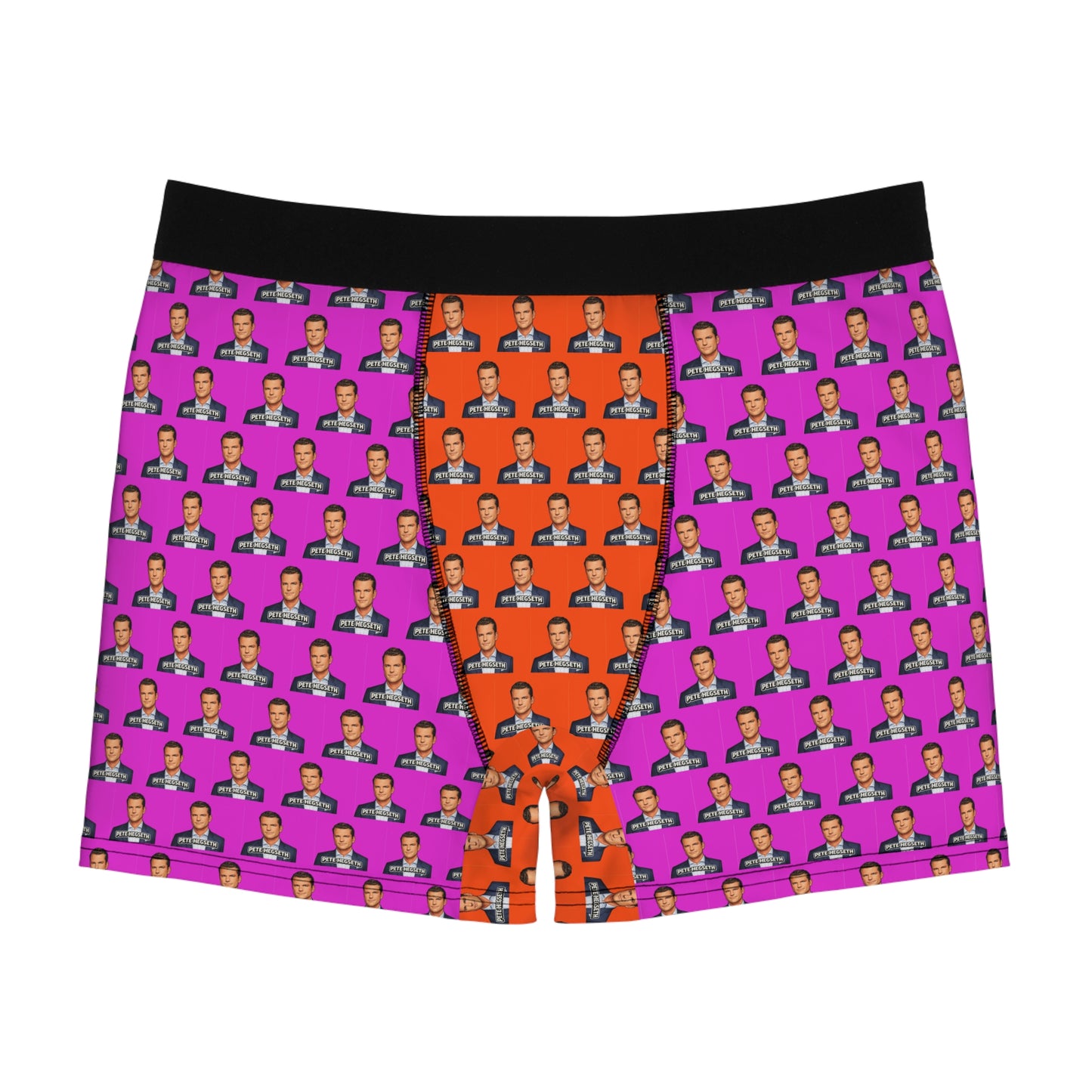 Pete Hegseth political boxer briefs featuring repeating portrait artwork and bold novelty design.