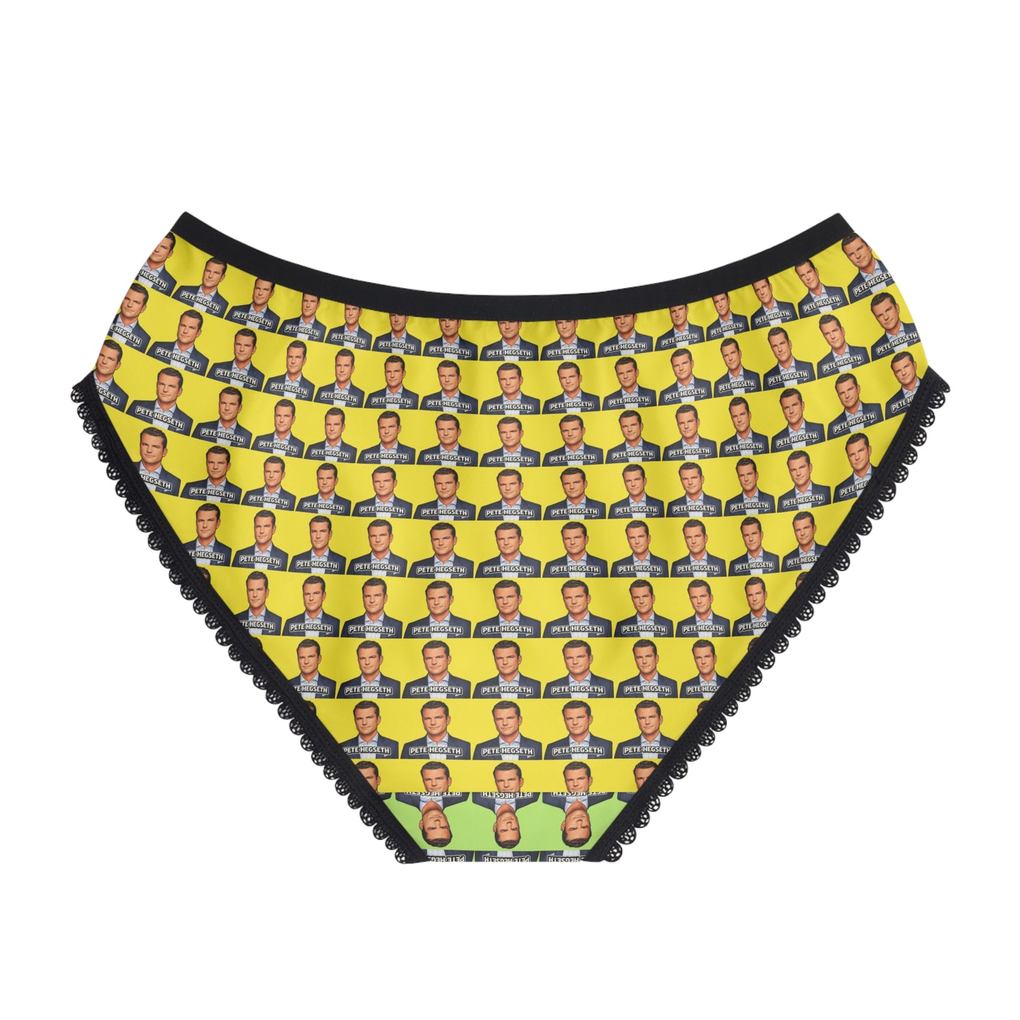 Back view of Pete Hegseth women's panties with a repeating portrait print and comfortable bikini cut.