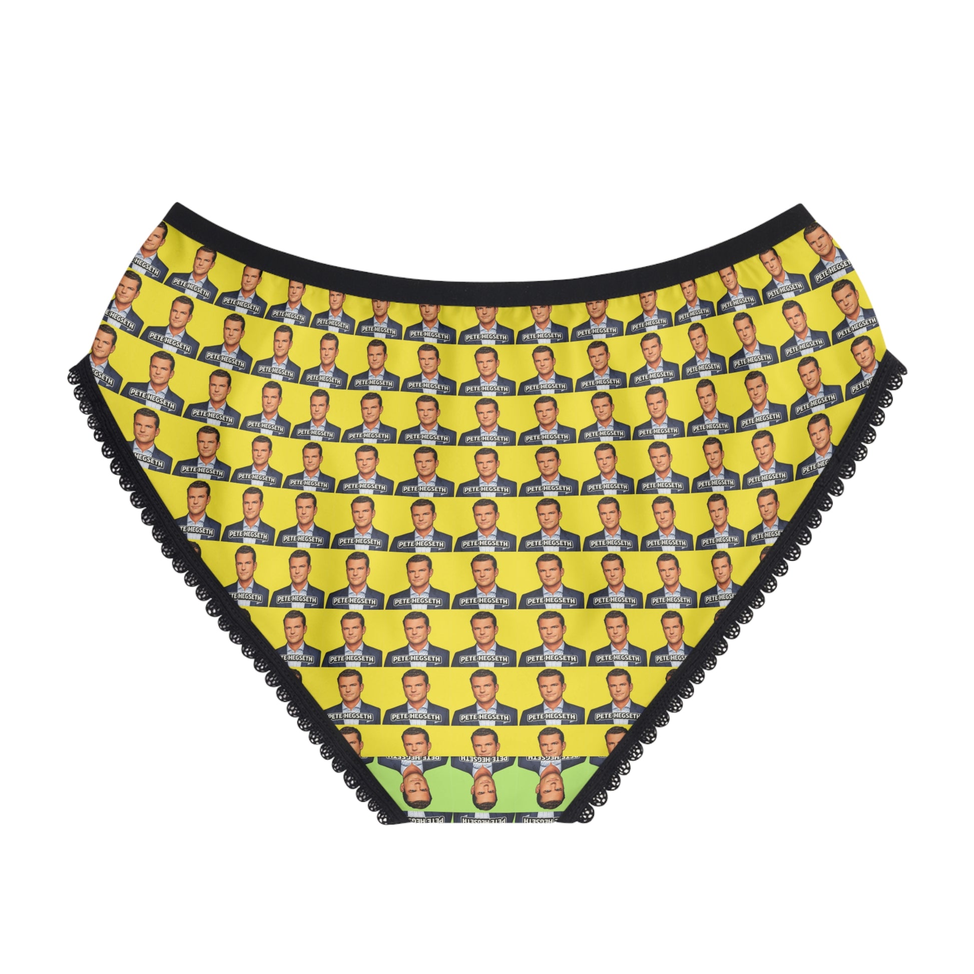 Back view of Pete Hegseth women's panties with a repeating portrait print and comfortable bikini cut.
