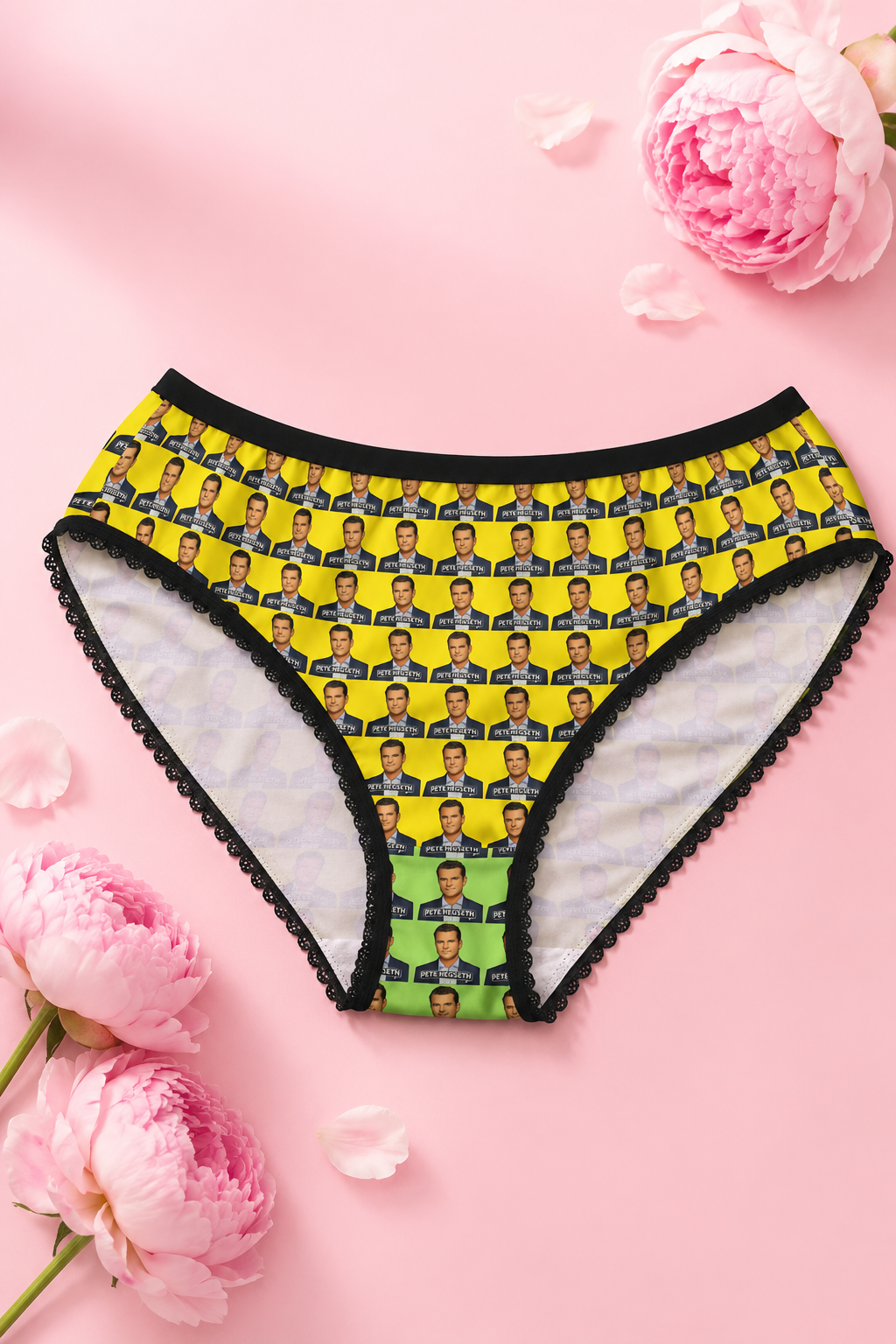 Pete Hegseth women's panties displayed in an editorial flat lay on a soft pink background with floral accents.