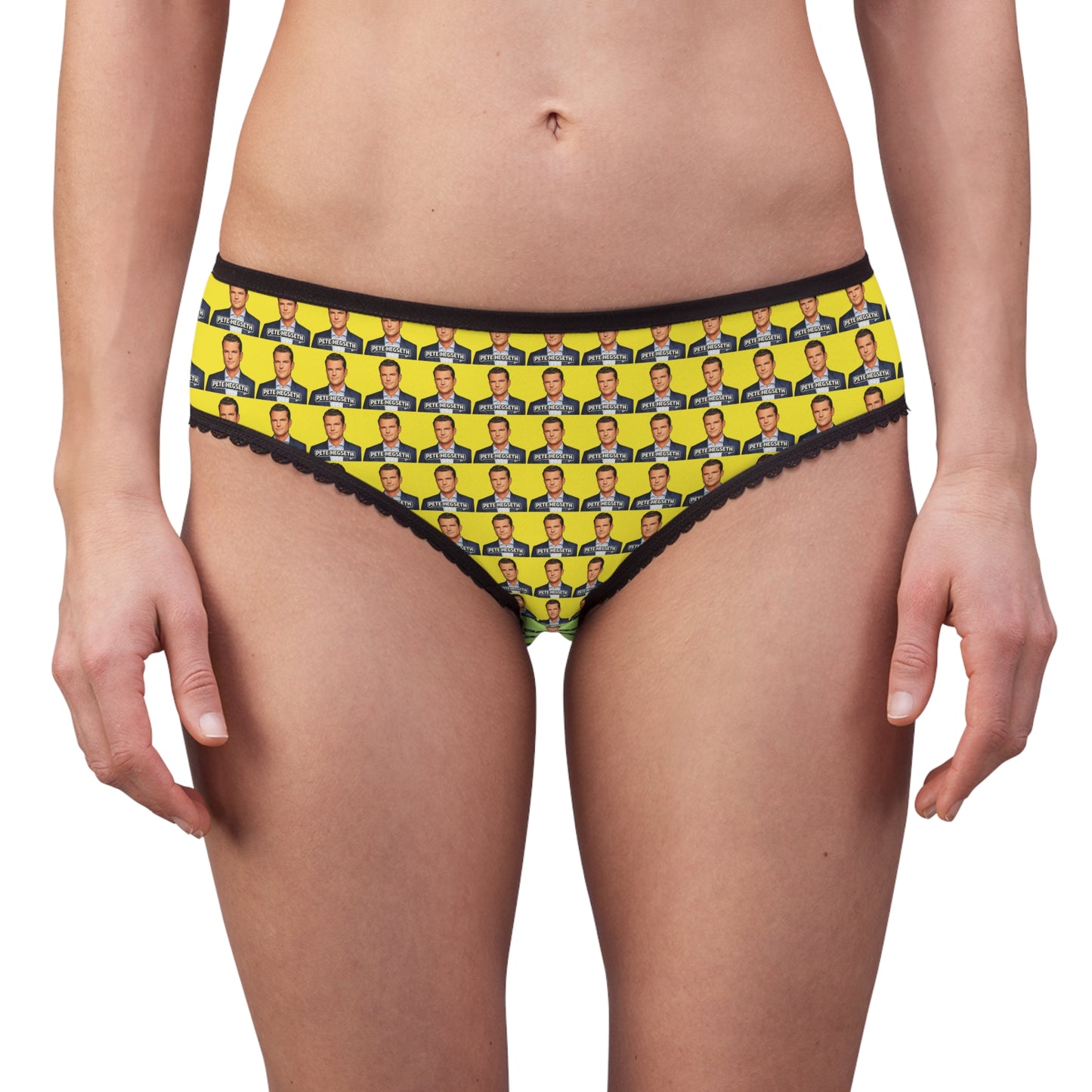 Front model view showcasing Pete Hegseth women's novelty panties with all-over political humor print.