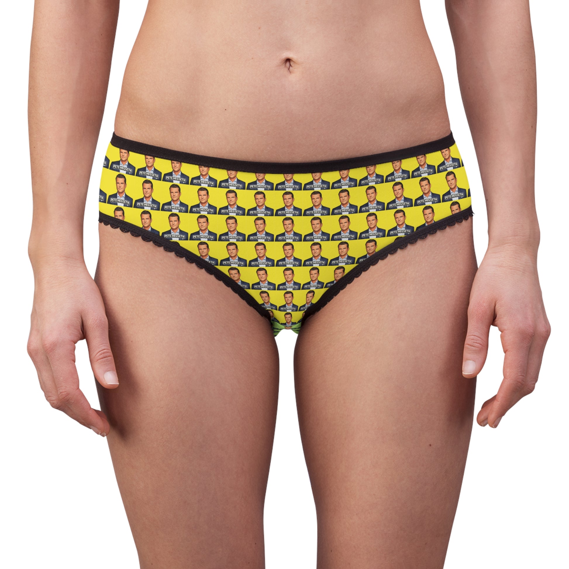 Front model view showcasing Pete Hegseth women's novelty panties with all-over political humor print.