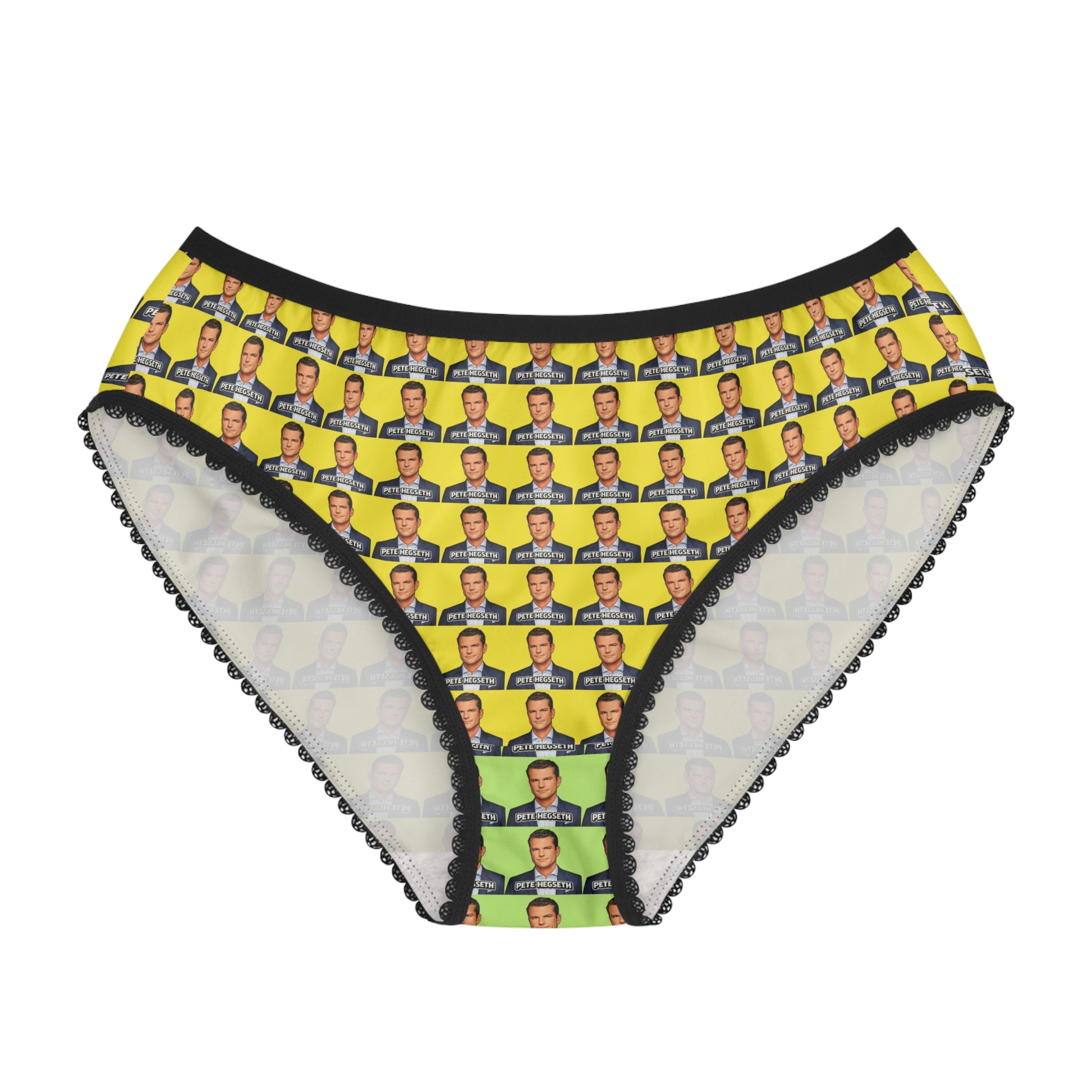 Front view of Pete Hegseth women's panties featuring an all-over portrait print and black lace trim.