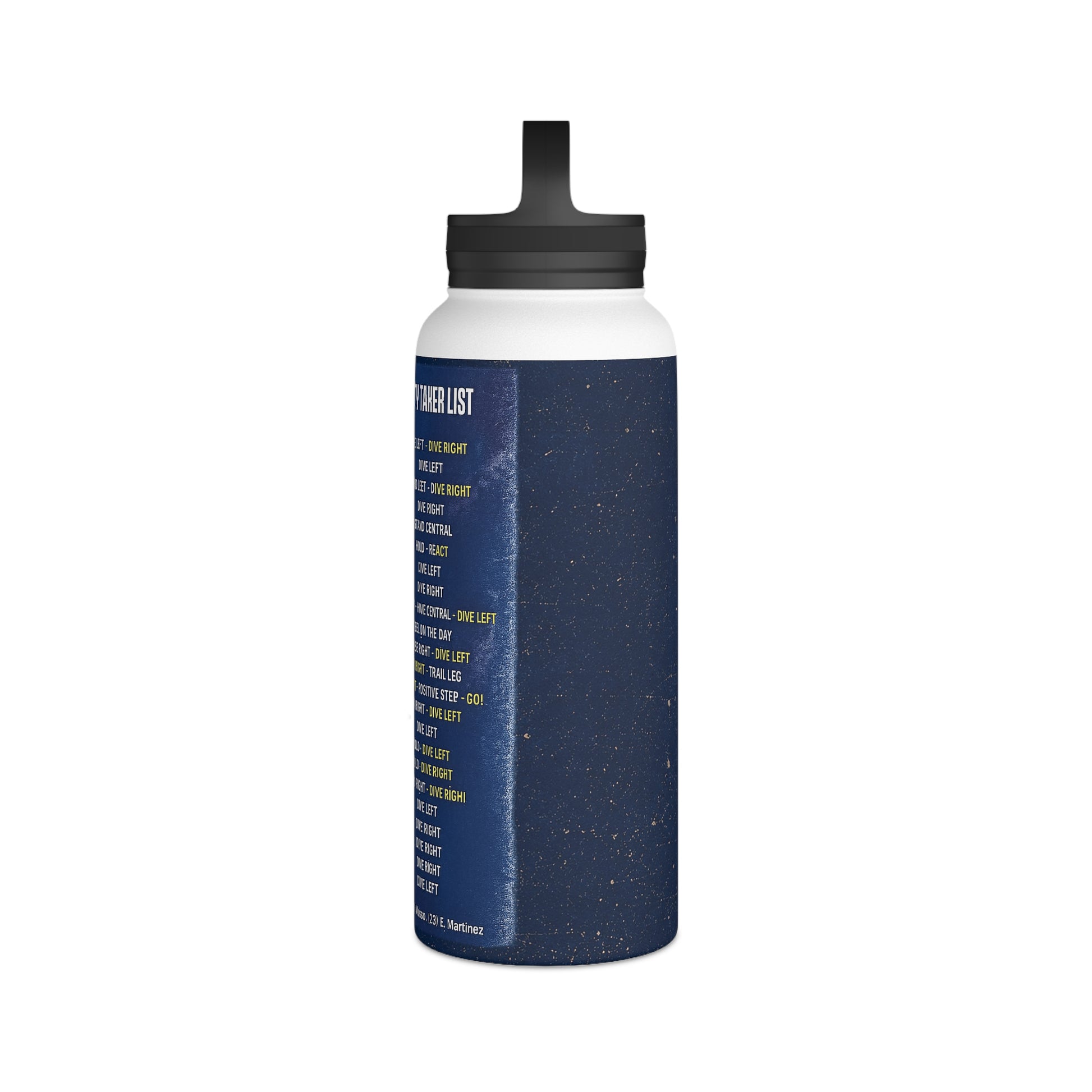 Angled view of the Pickford Penalty Cheat Sheet insulated sports water bottle showing the wraparound artwork.