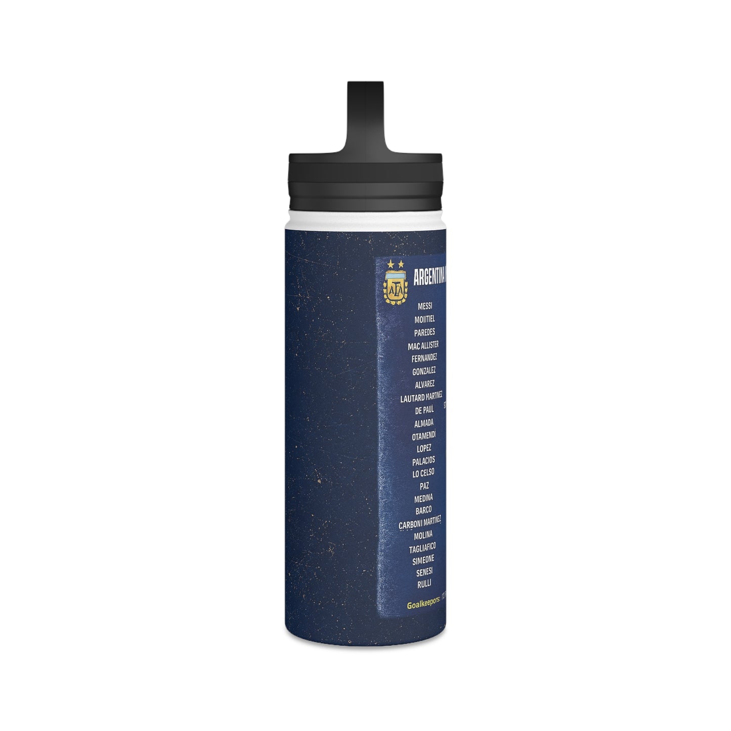 Side view of the Pickford Penalty Cheat Sheet sports water bottle with flip-top lid.