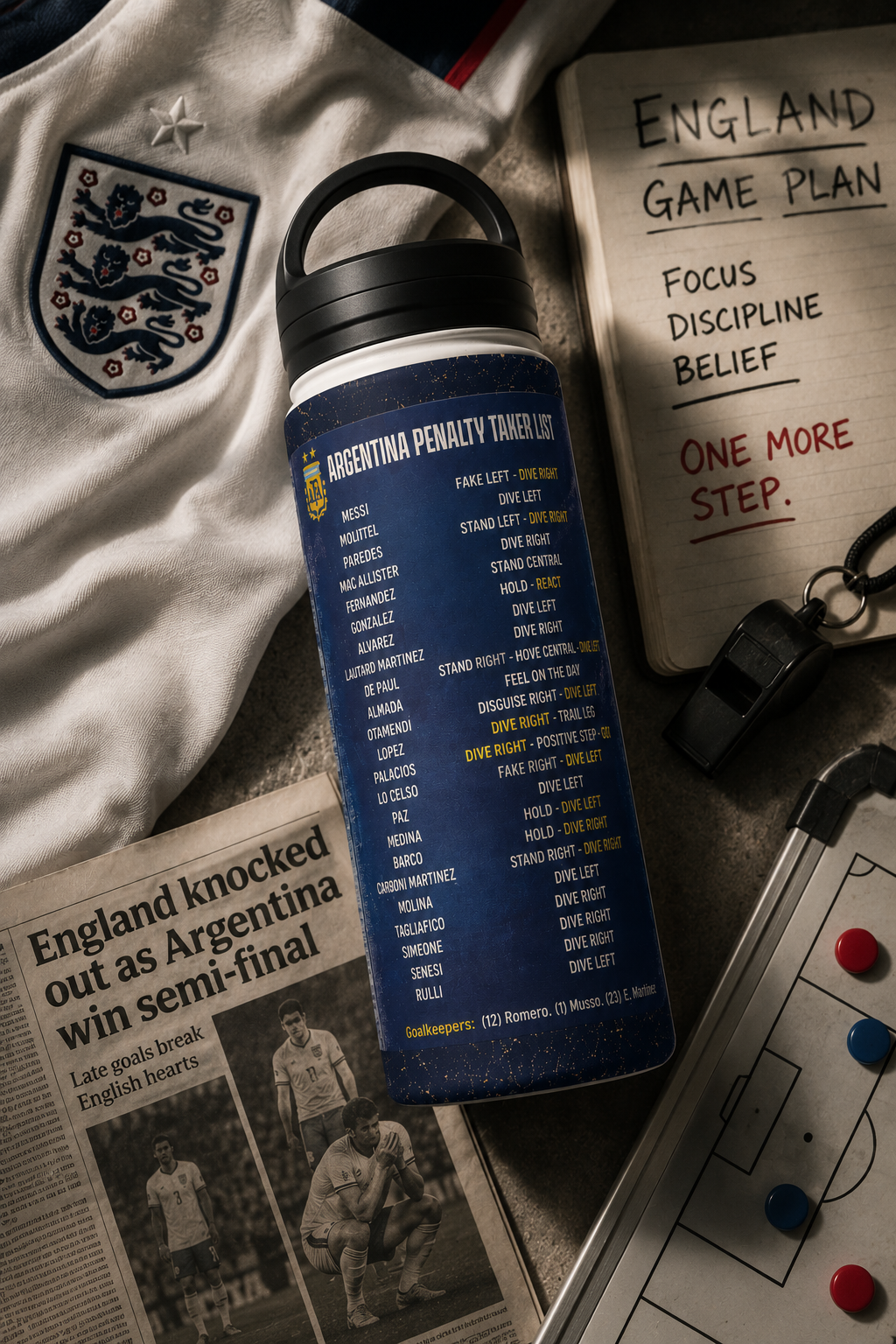 Pickford Penalty Cheat Sheet stainless steel water bottle in a cinematic soccer editorial flat lay with football tactics accessories.