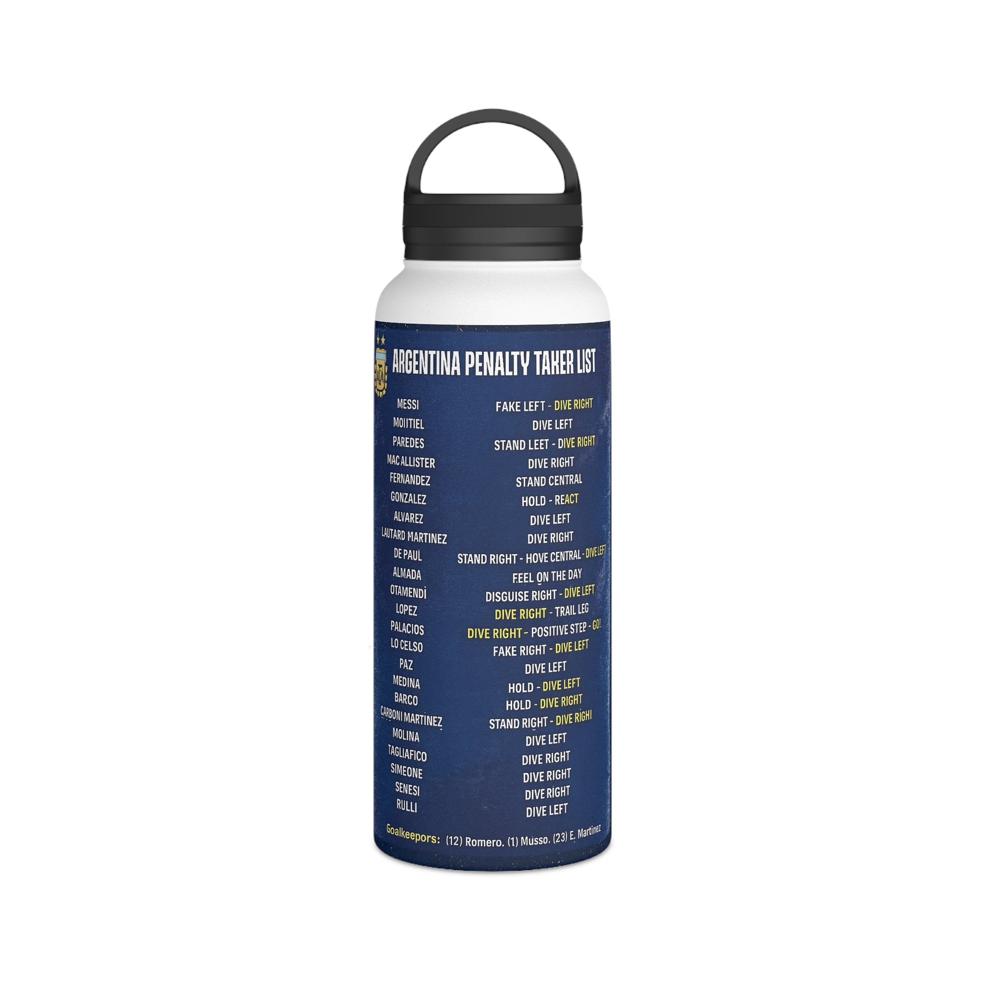 Front view of the Pickford Penalty Cheat Sheet insulated stainless steel water bottle.