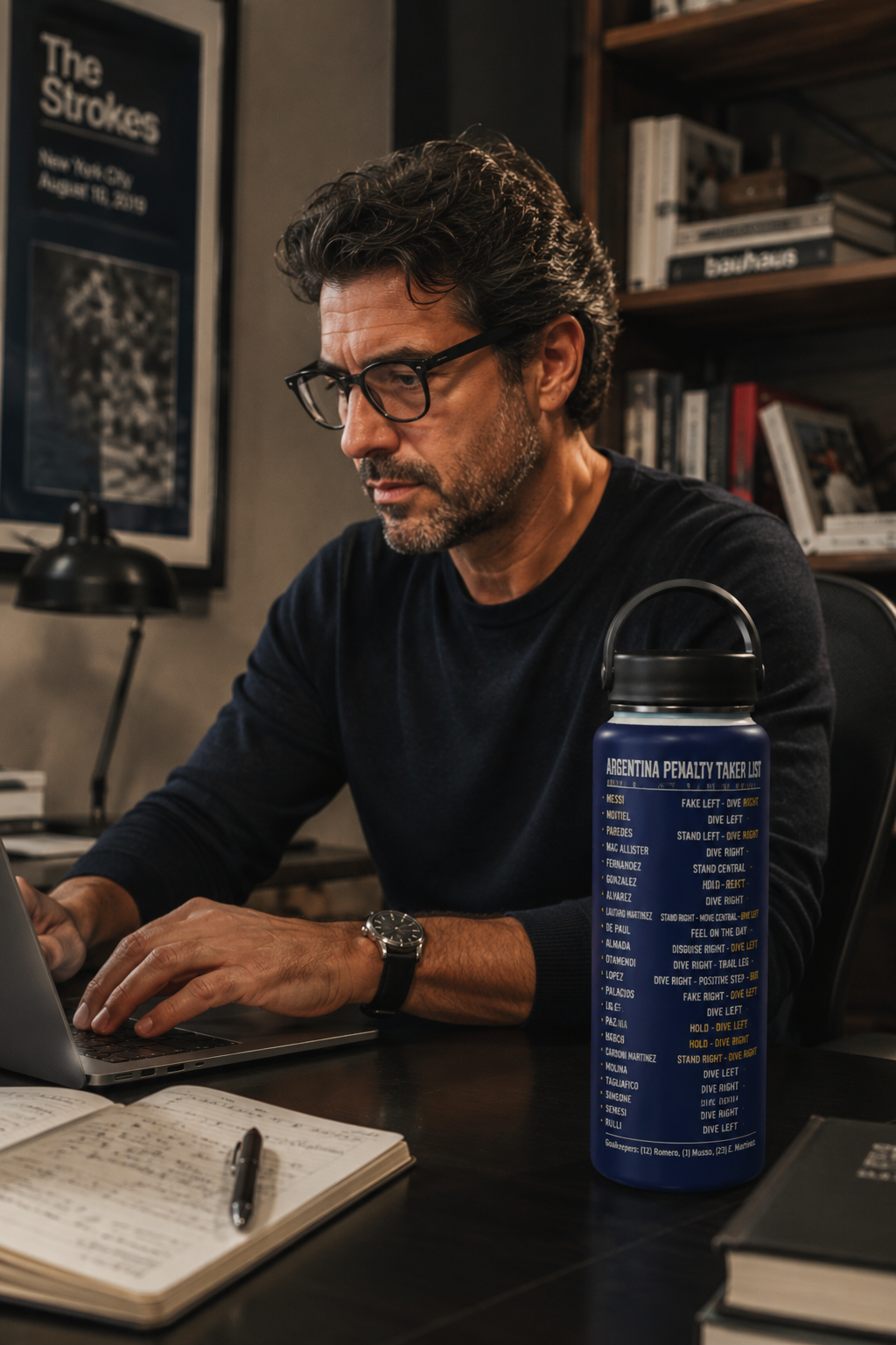Pickford Penalty Cheat Sheet insulated stainless steel water bottle on a modern home office desk.