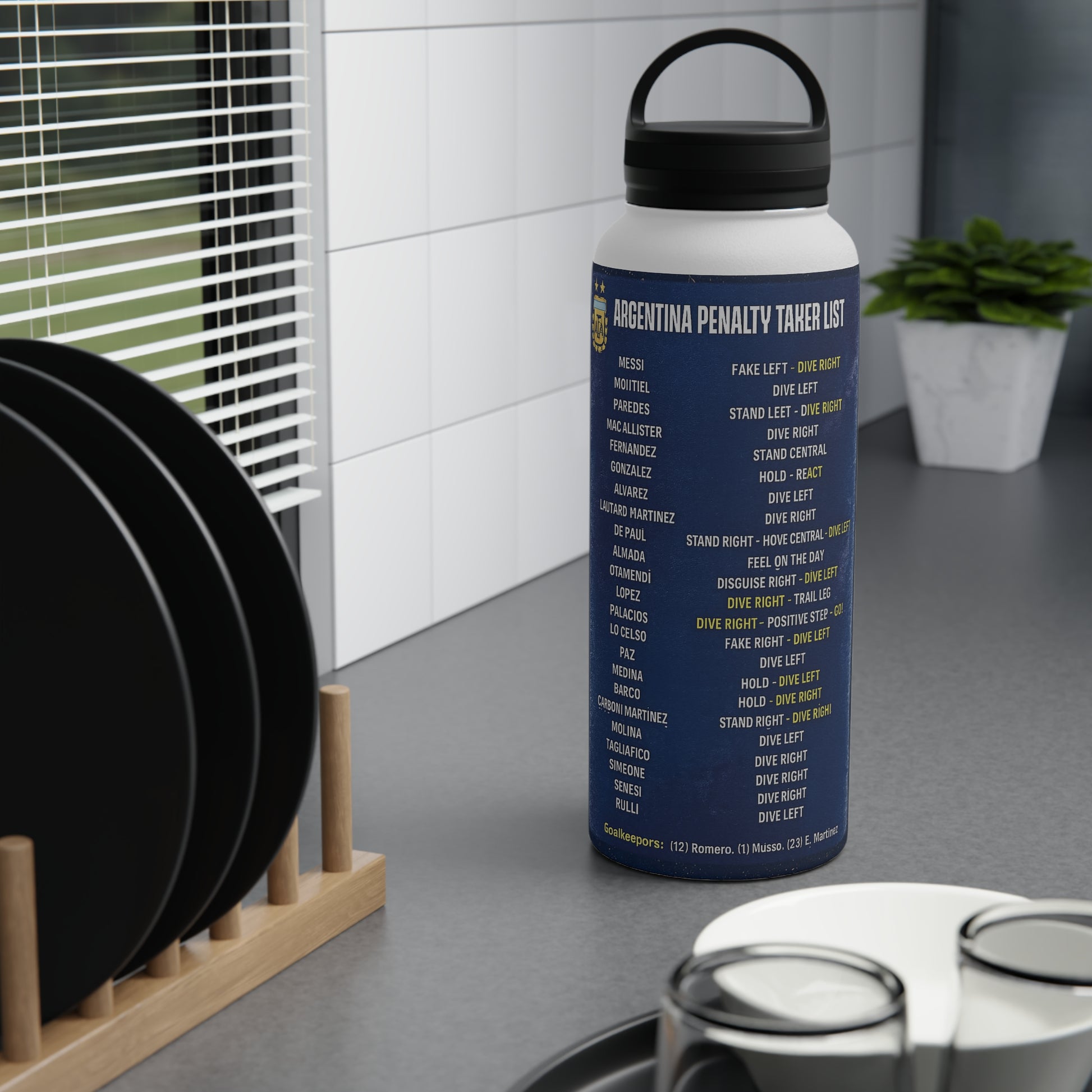 Pickford Penalty Cheat Sheet insulated stainless steel water bottle displayed on a contemporary kitchen countertop.