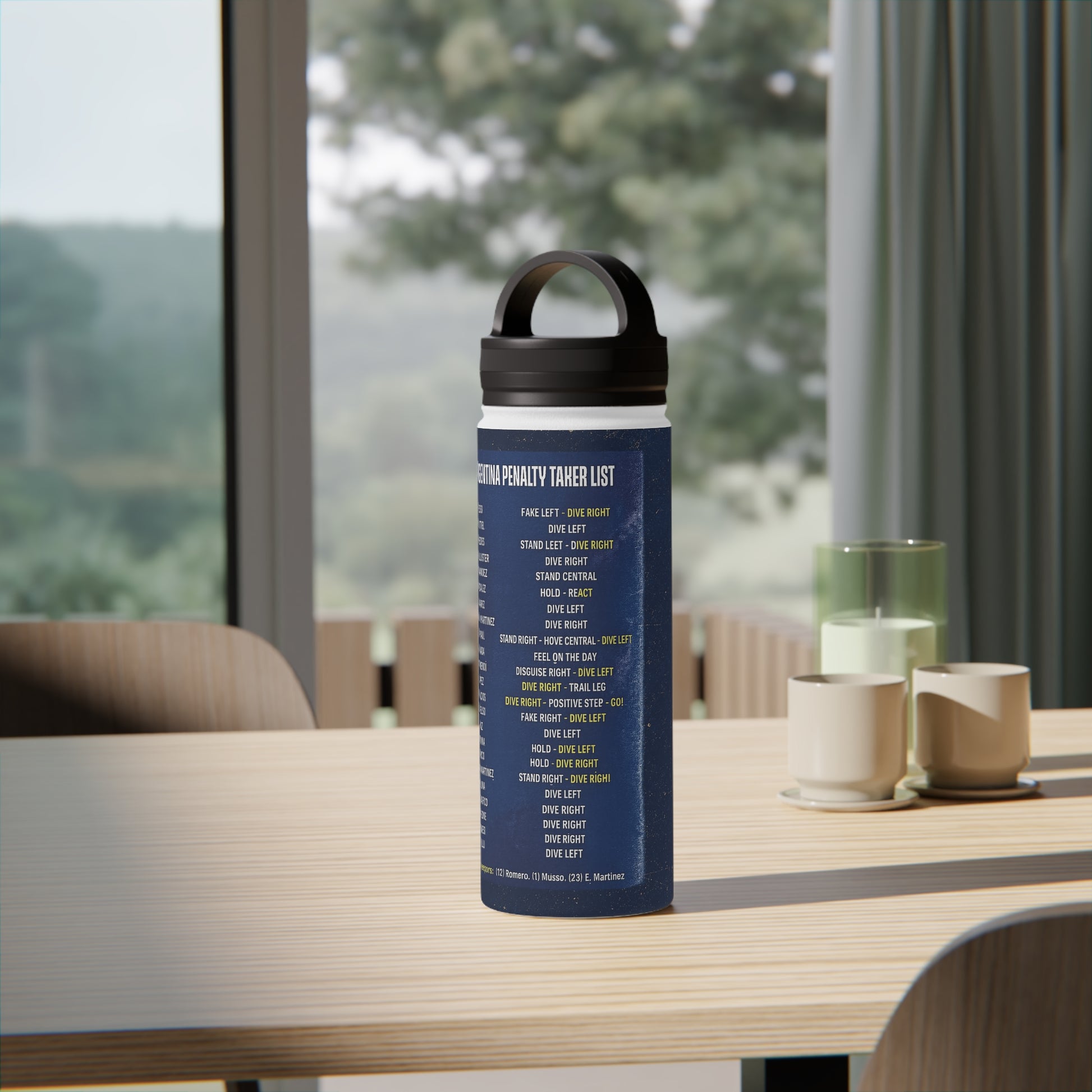 Pickford Penalty Cheat Sheet insulated water bottle displayed in a bright modern kitchen.