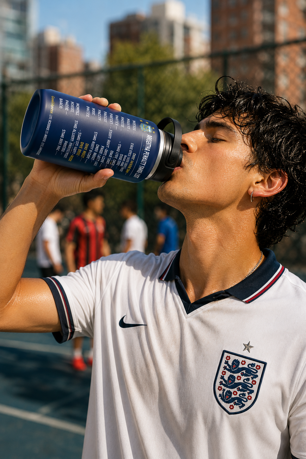 Soccer player drinking from the Pickford Penalty Cheat Sheet insulated stainless steel water bottle after a football match.