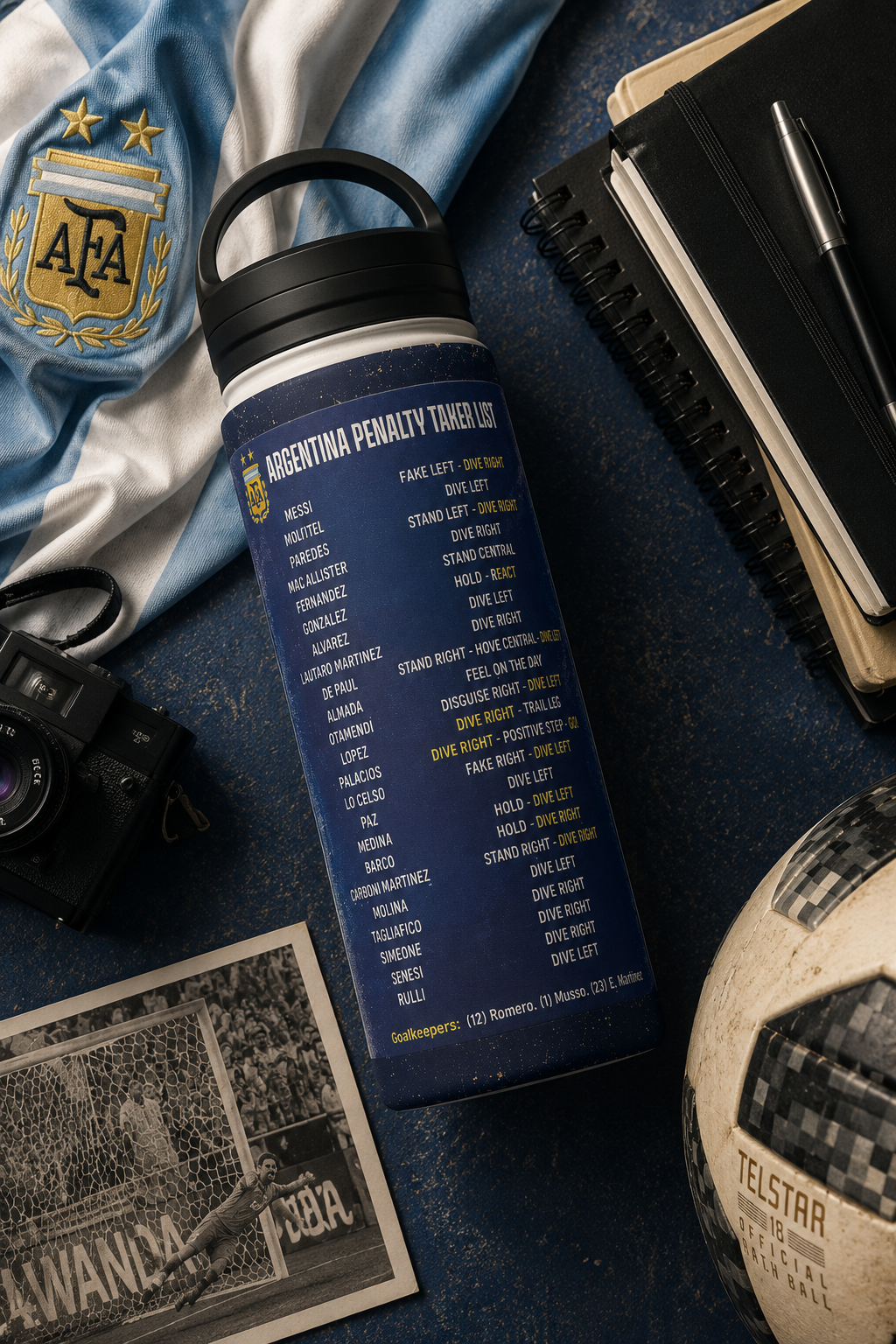 Editorial flat lay of the Pickford Penalty Cheat Sheet insulated water bottle with football-inspired accessories.
