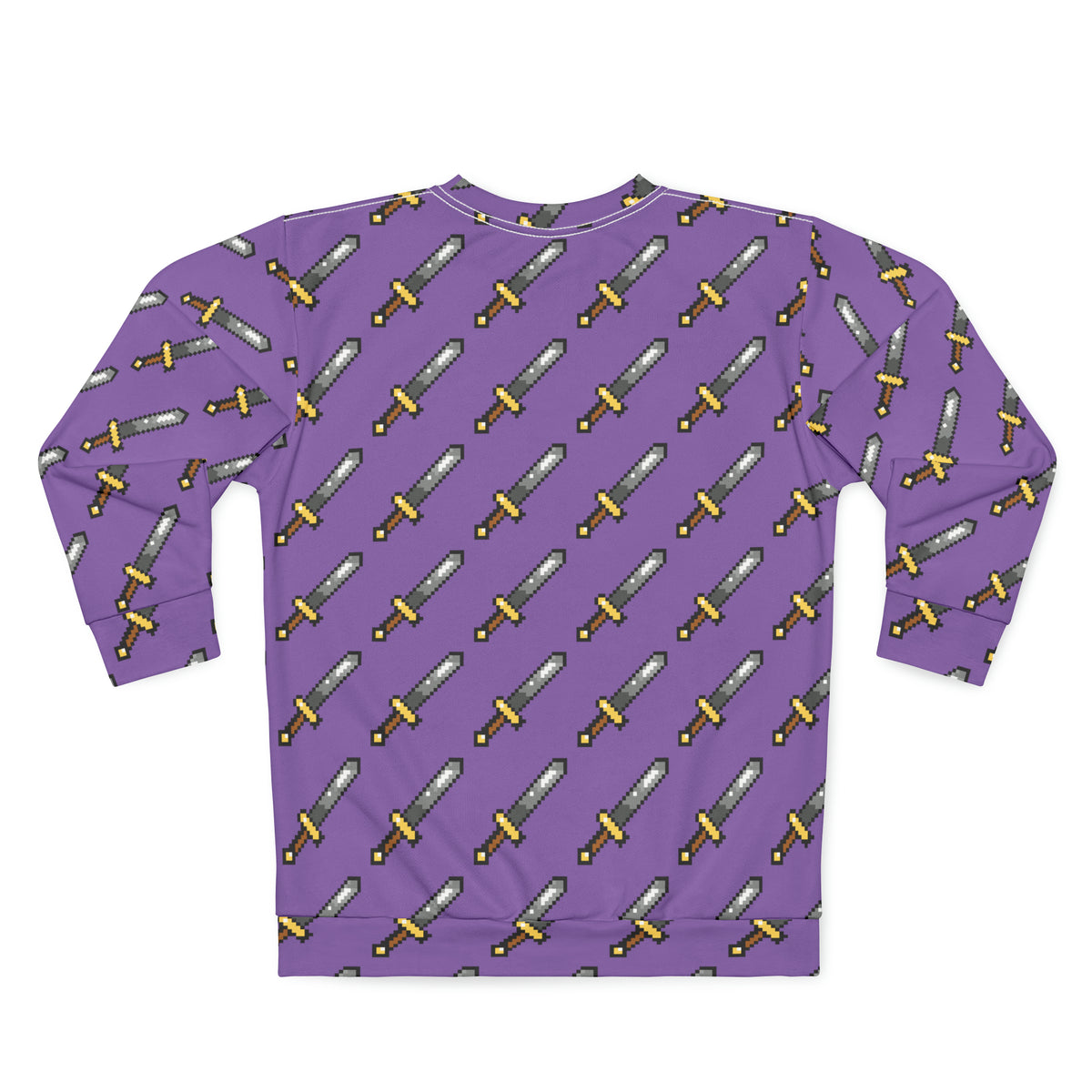 Back view of purple pill pattern sweatshirt with all-over repeating yellow print