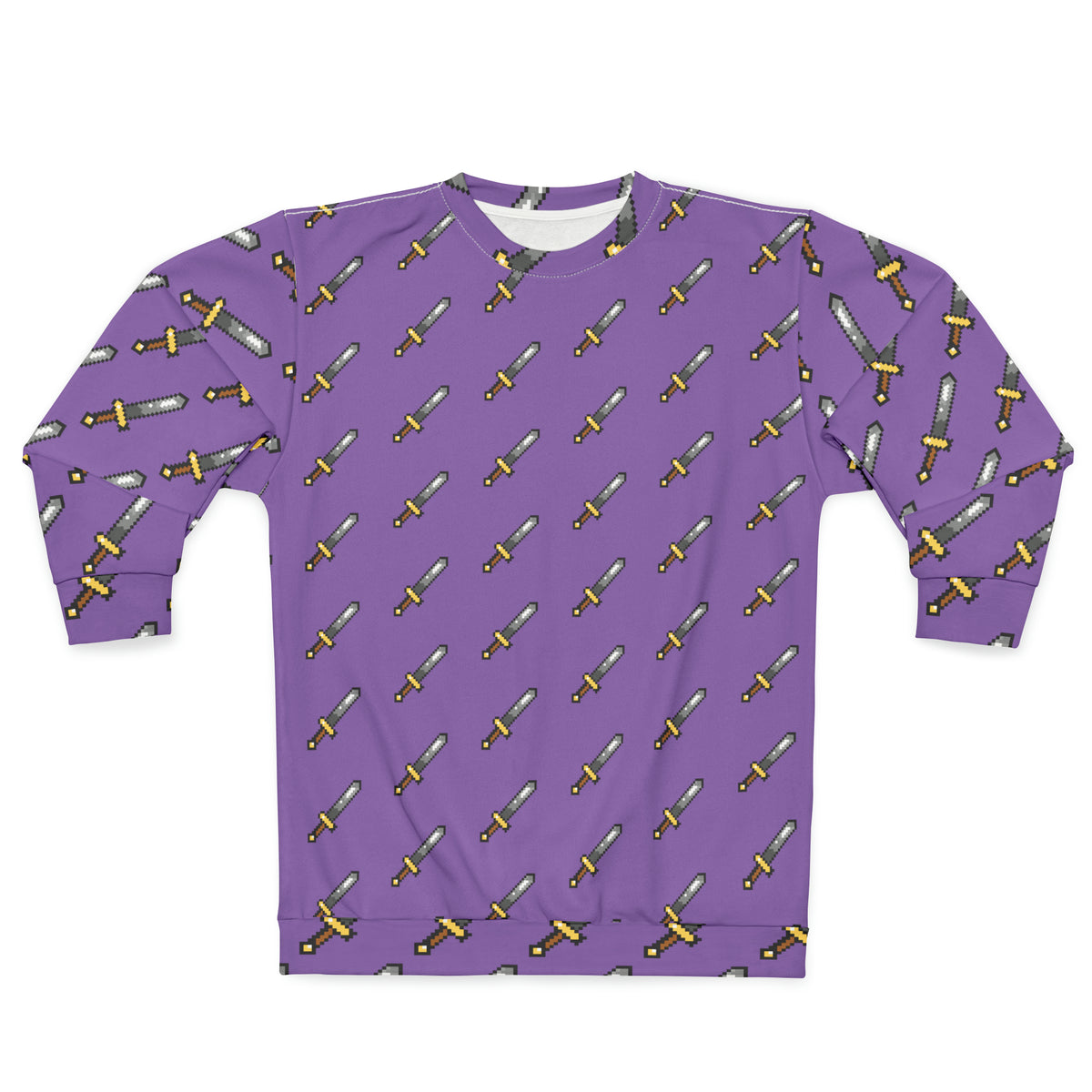 Front view of purple pill pattern sweatshirt with repeating yellow graphic design