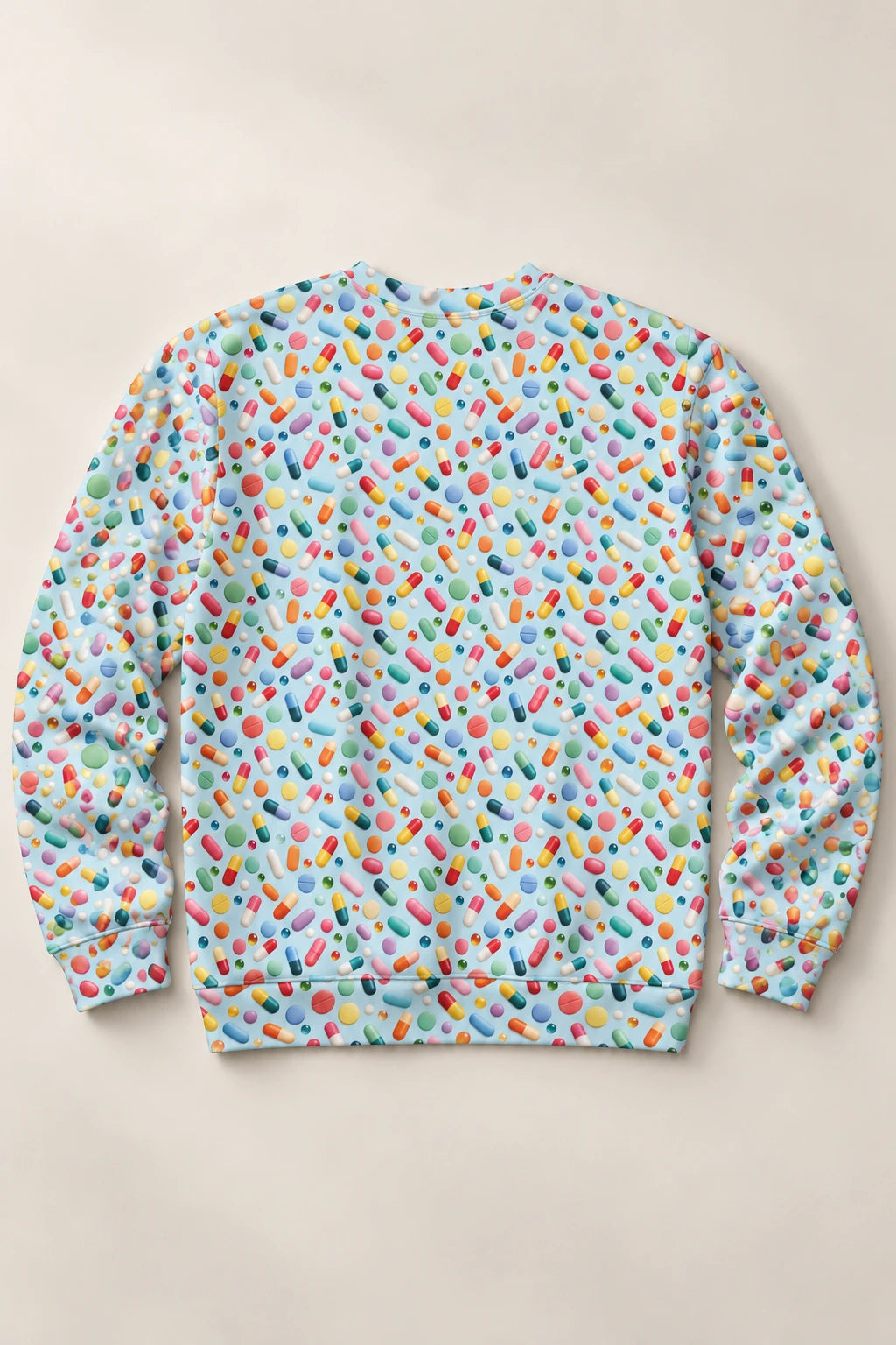 Pill Pattern Unisex Sweatshirt back view with colorful all-over pill pattern