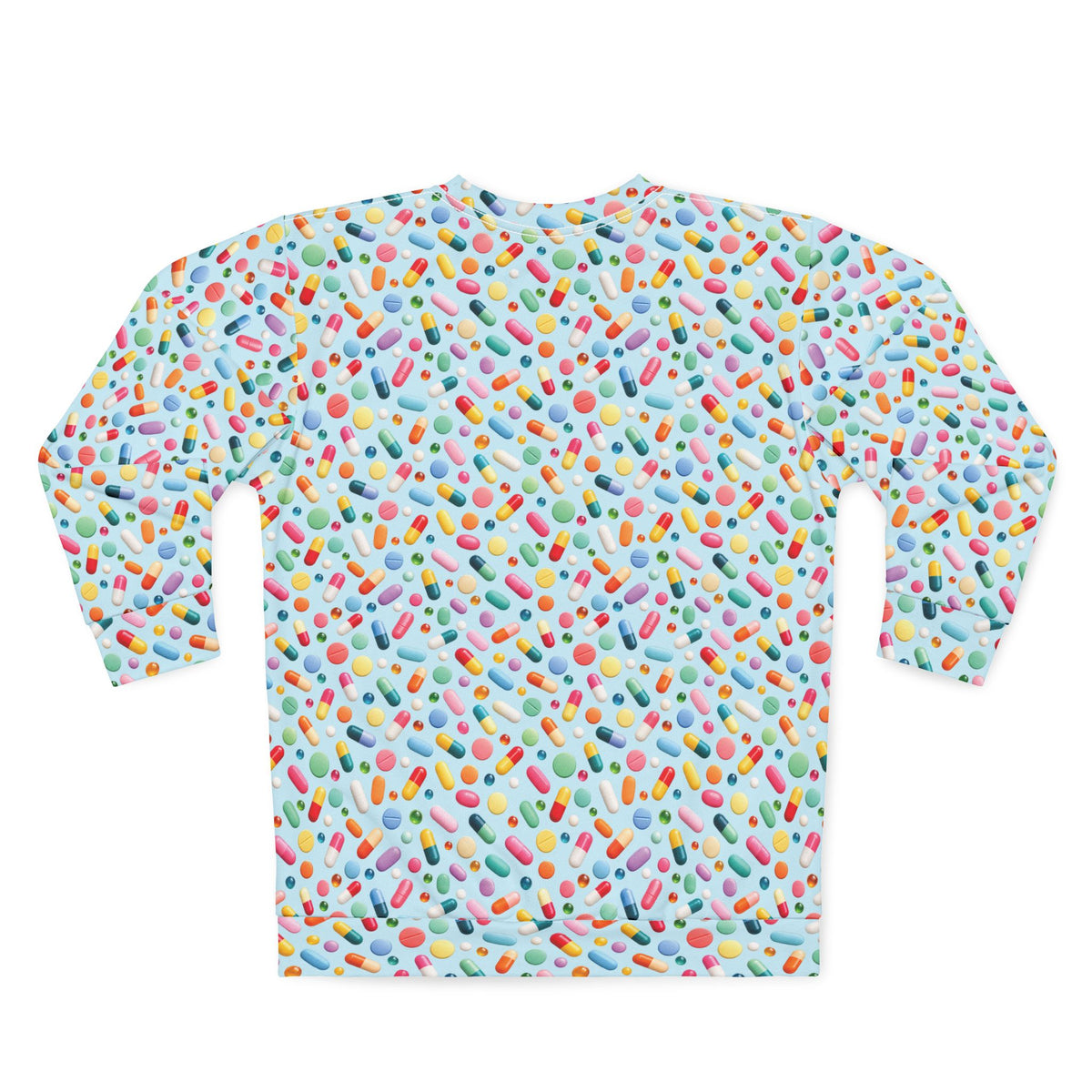 Pill Pattern Unisex Sweatshirt back view with multicolor pill pattern