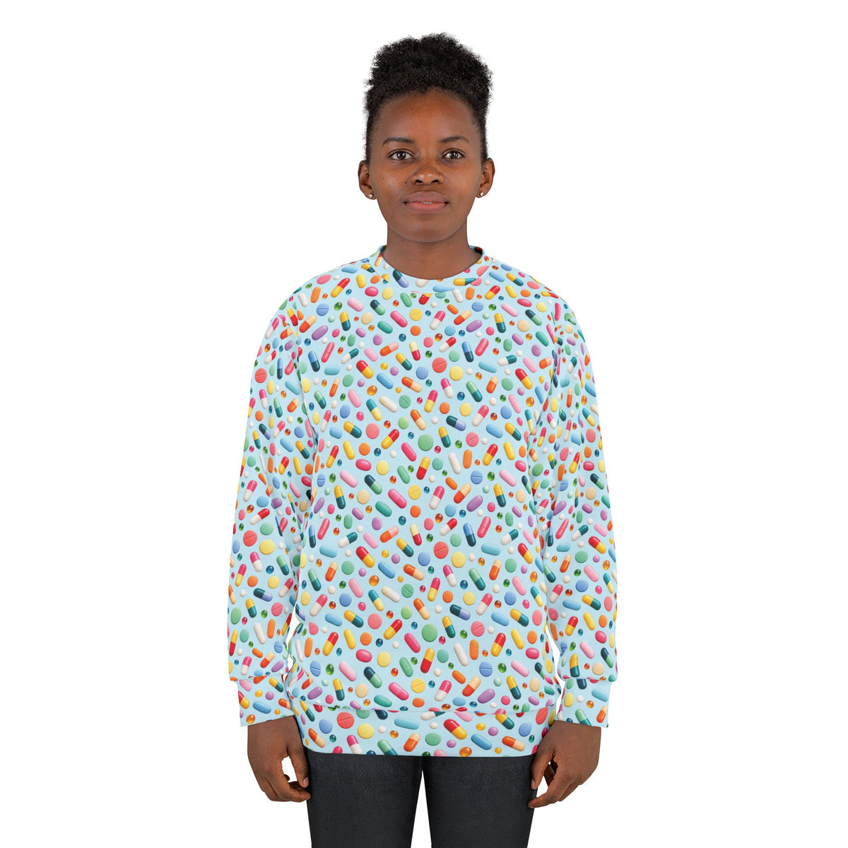 Pill Pattern Unisex Sweatshirt worn by female model showing relaxed unisex fit