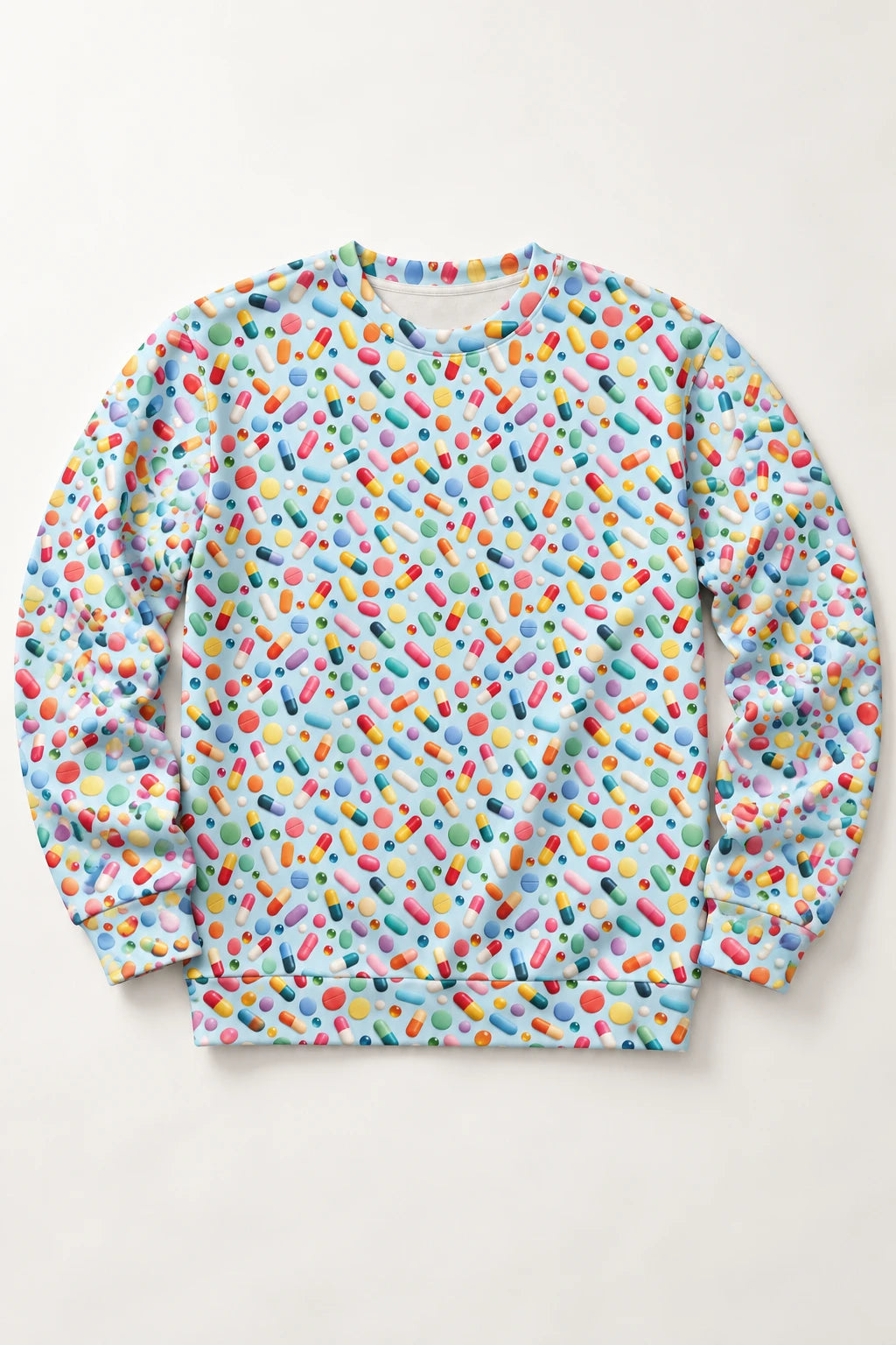 Pill Pattern Unisex Sweatshirt front view with colorful pill print