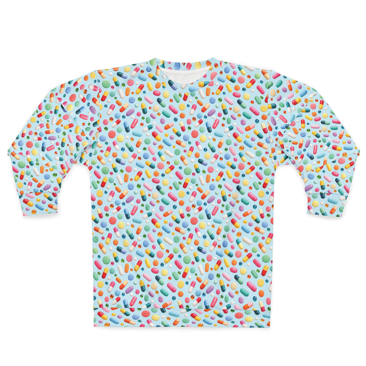 Pill Pattern Unisex Sweatshirt front view with multicolor pill pattern