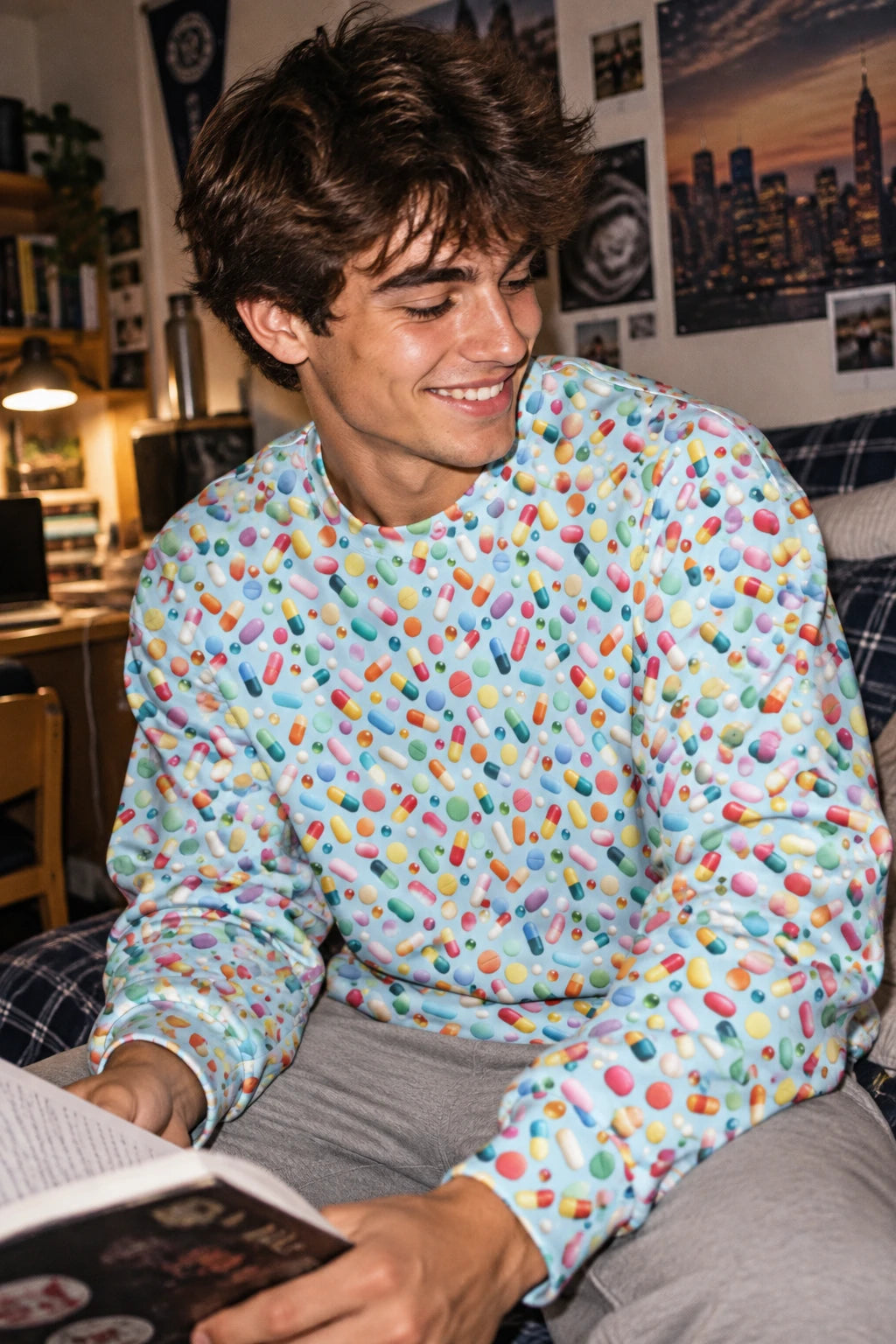 Pill Pattern Unisex Sweatshirt worn by Gen Z male student in a college dorm setting