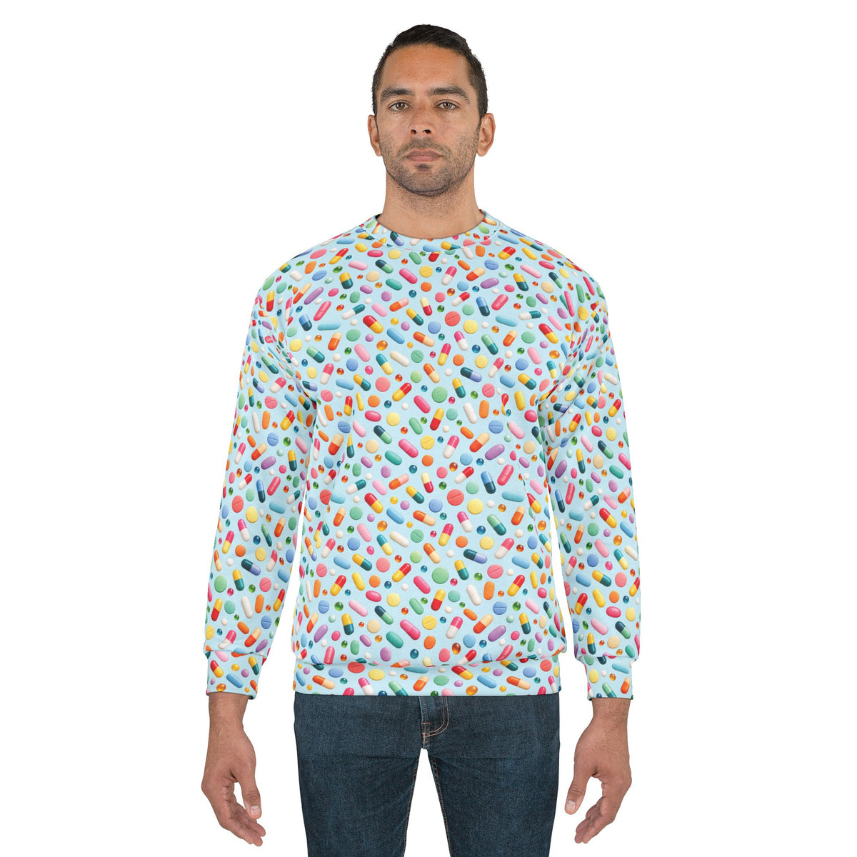 Pill Pattern Unisex Sweatshirt worn by male model showing relaxed unisex fit