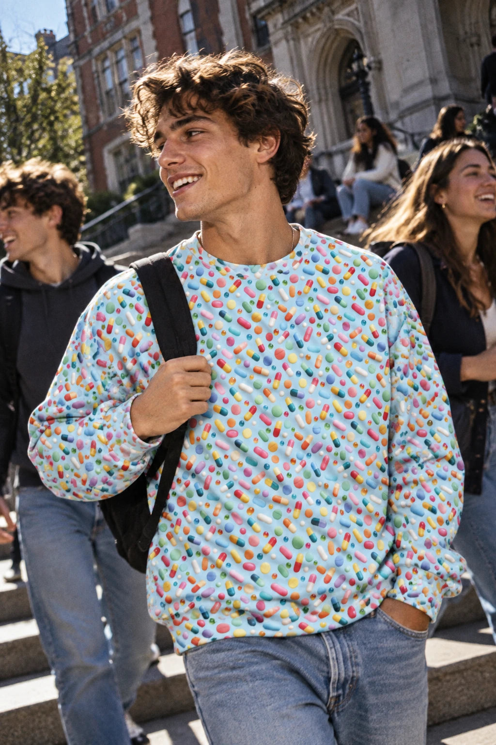Pill Pattern Unisex Sweatshirt worn by male college student in New York City