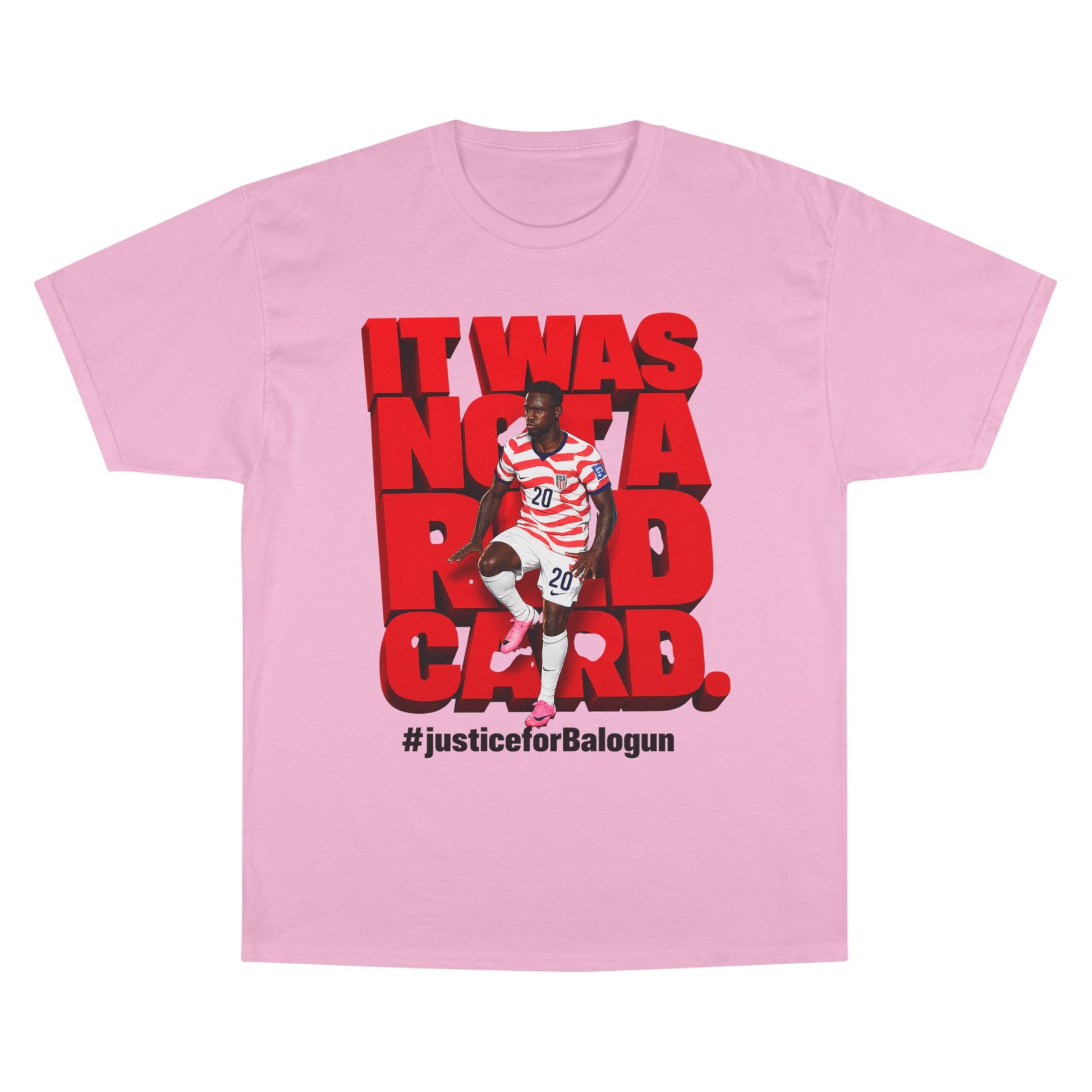 pink soccer graphic t-shirt with It Was Not a Red Card design front view