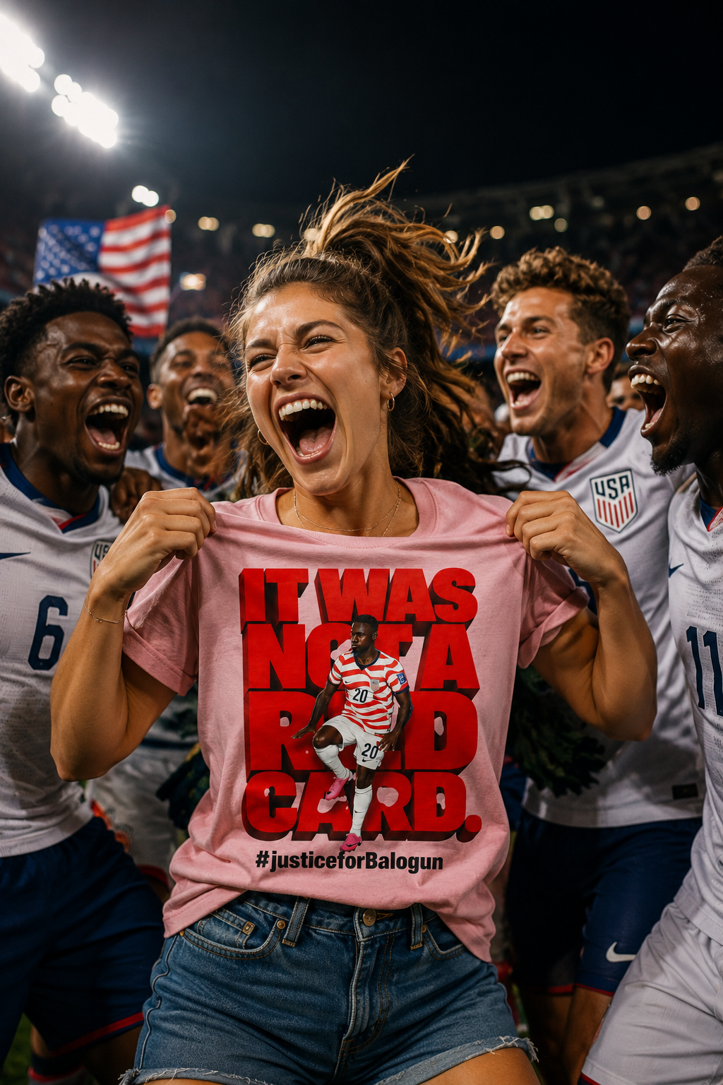 female model wearing pink Balogun soccer protest t-shirt celebrating with USA team