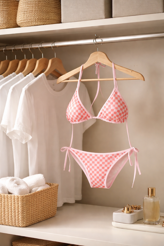 Pink checker triangle bikini set hanging on rack showing two tone retro pattern
