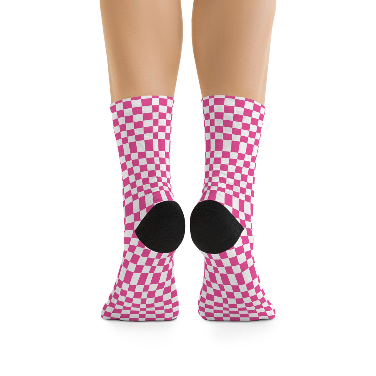 Back view of pink checkerboard crew socks showing black heel details and checkered pattern.