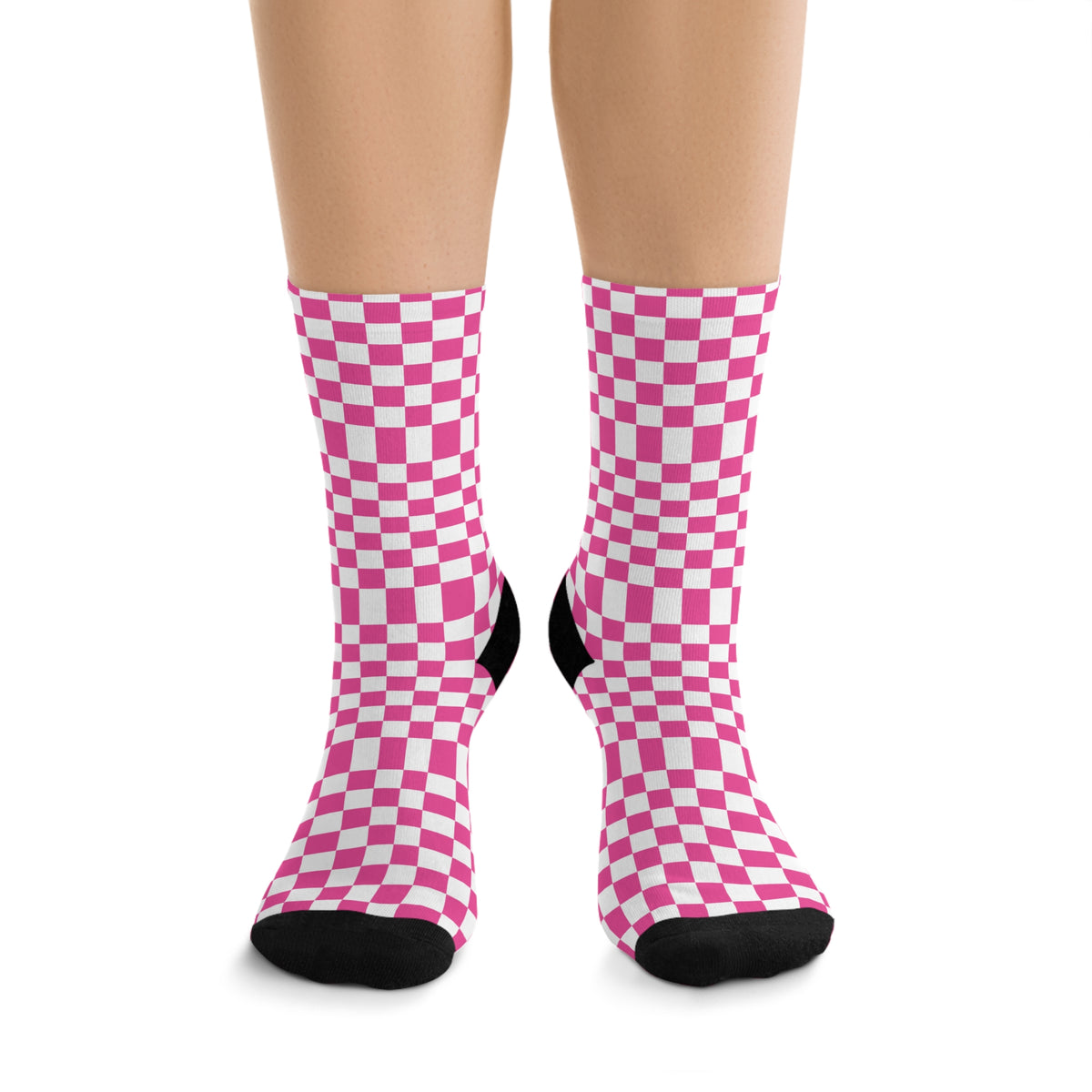 Front view of pink checkerboard crew socks with bold pink and white geometric pattern.