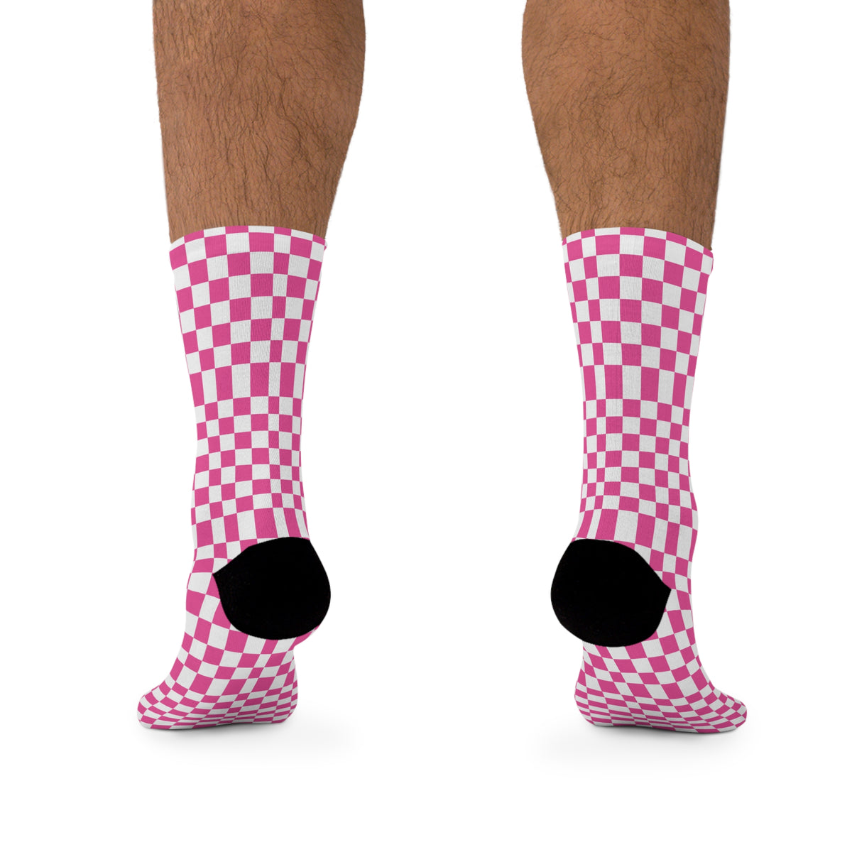 Male model wearing pink checkerboard crew socks shown from the back.