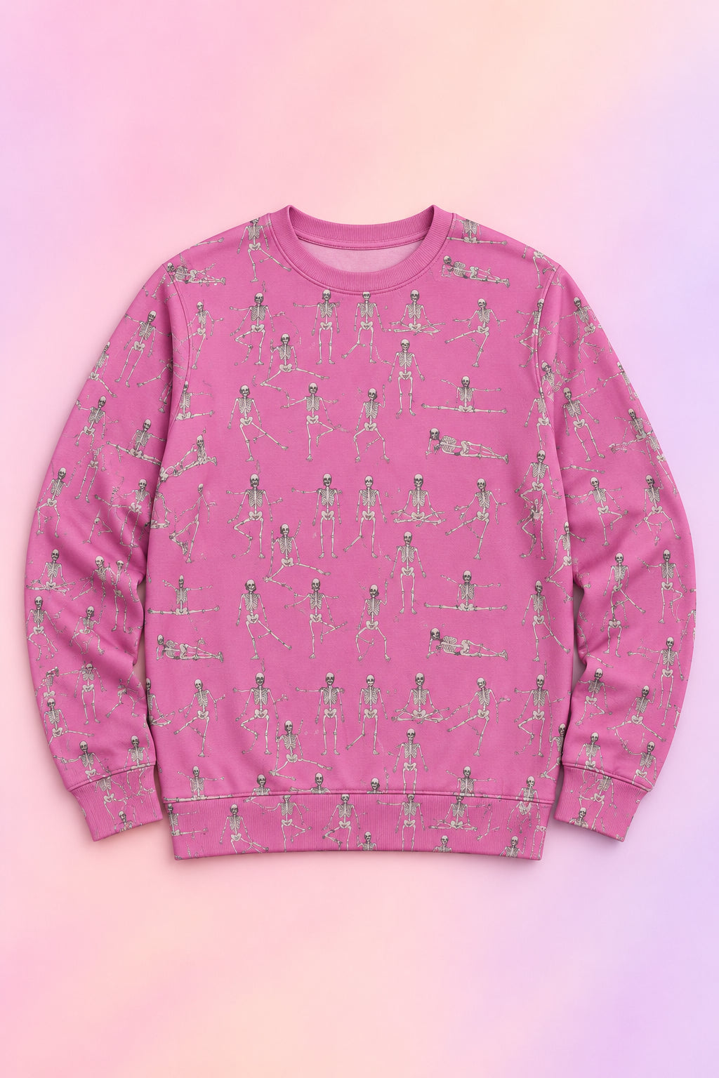 Pink Dancing Skeletons Sweatshirt flat lay on a soft pink gradient background