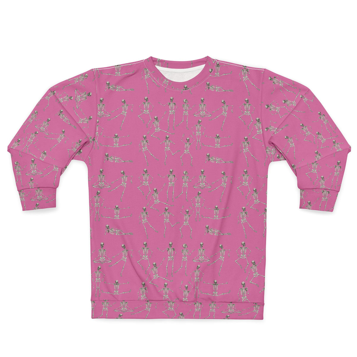 Front view of the Pink Dancing Skeletons Sweatshirt with repeating skeleton design
