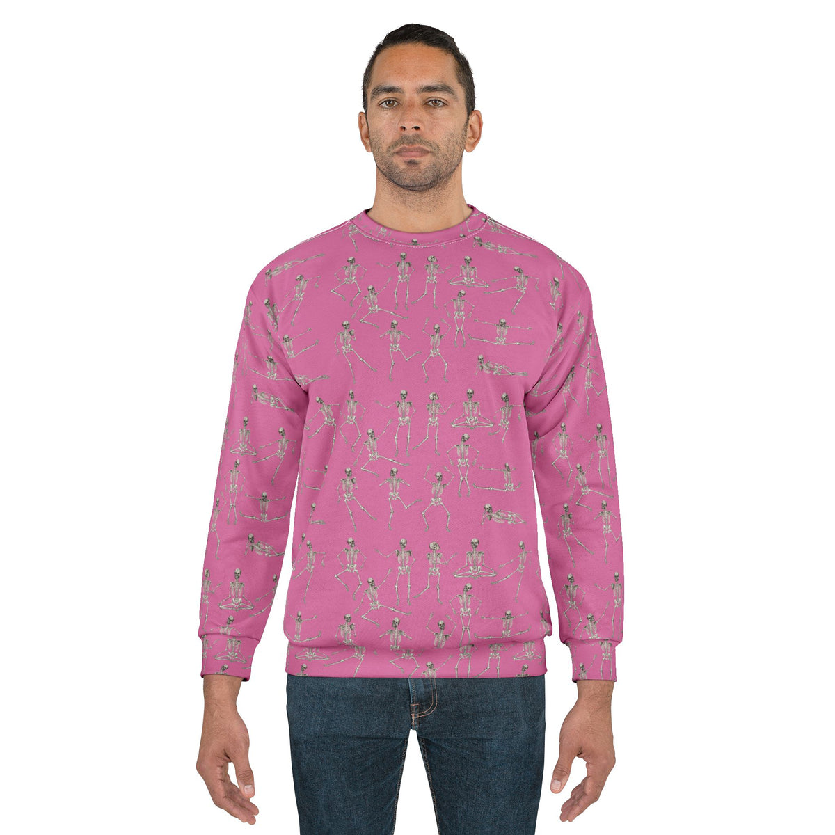 Male model wearing the Pink Dancing Skeletons Sweatshirt in a classic unisex fit