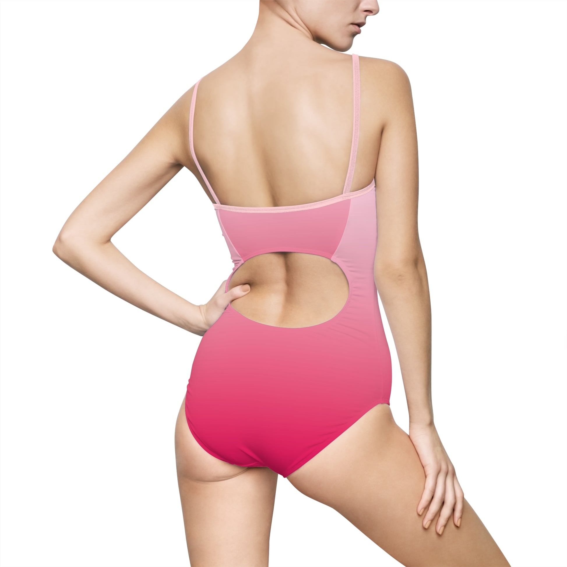 Back view editorial mockup of a pink gradient cutout one-piece swimsuit with minimalist modern swimwear styling.
