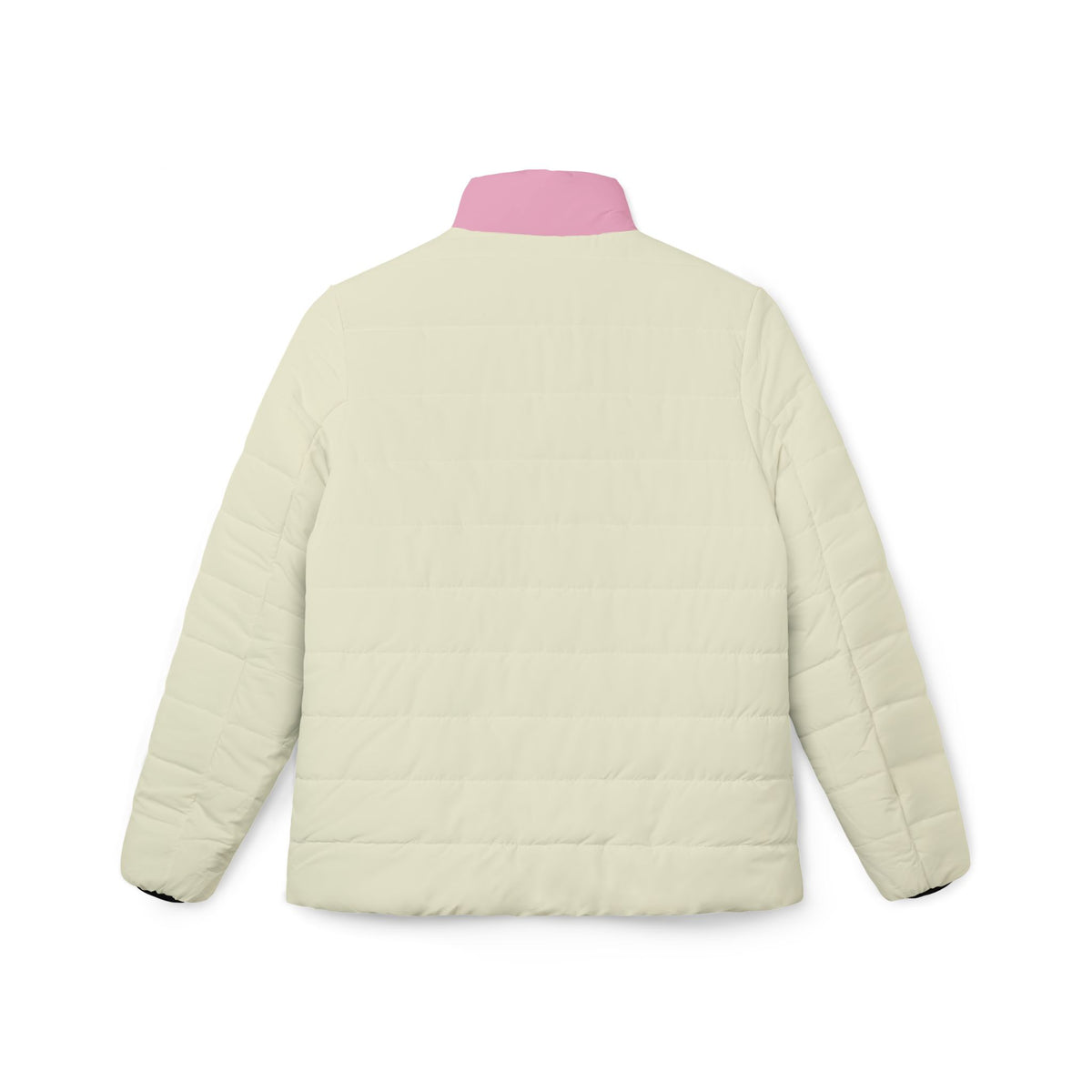 Back view of cream quilted puffer jacket with contrasting pink collar