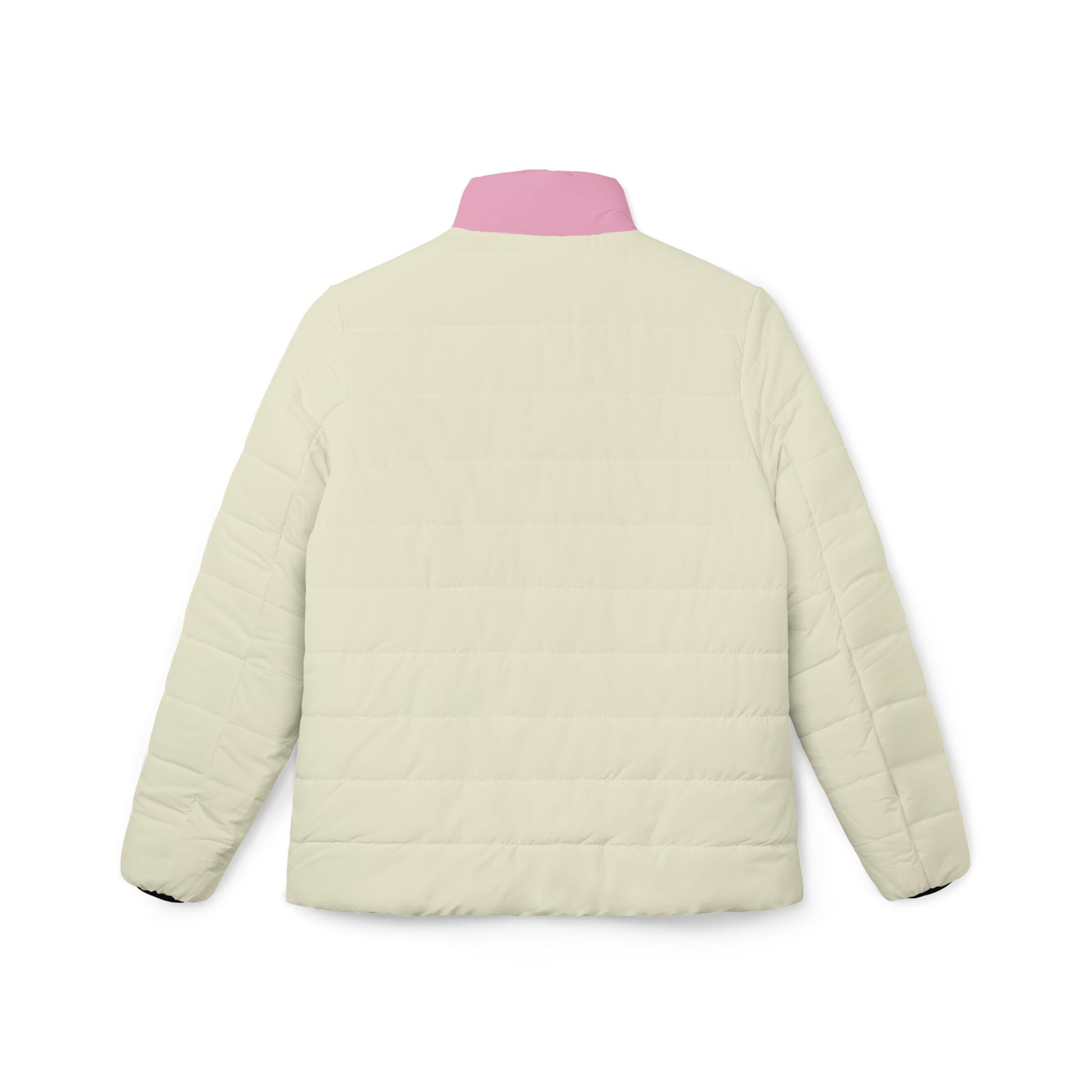 Back view of cream quilted puffer jacket with contrasting pink collar