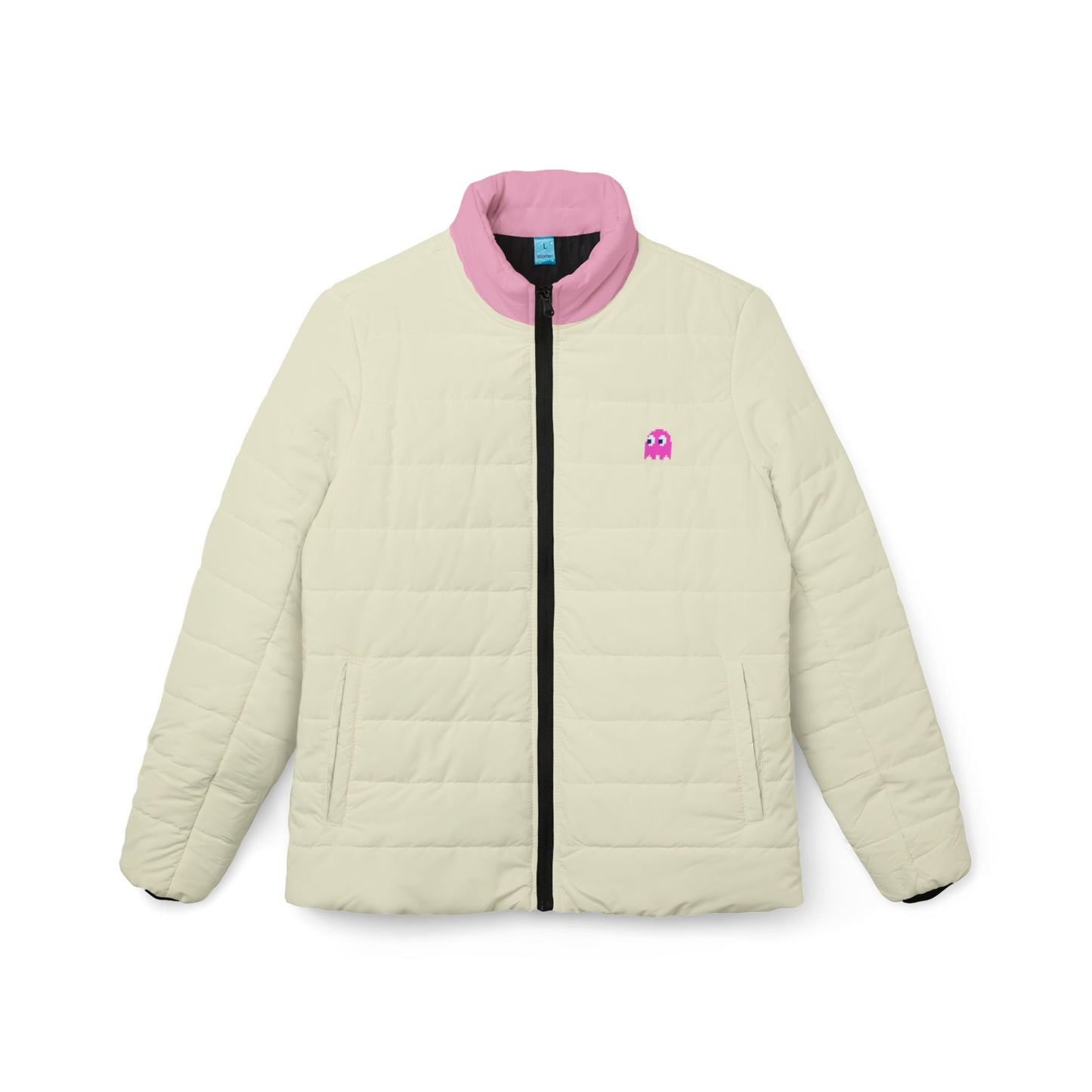 Front view of cream puffer jacket with pink collar, black zipper and pink pixel ghost chest graphic