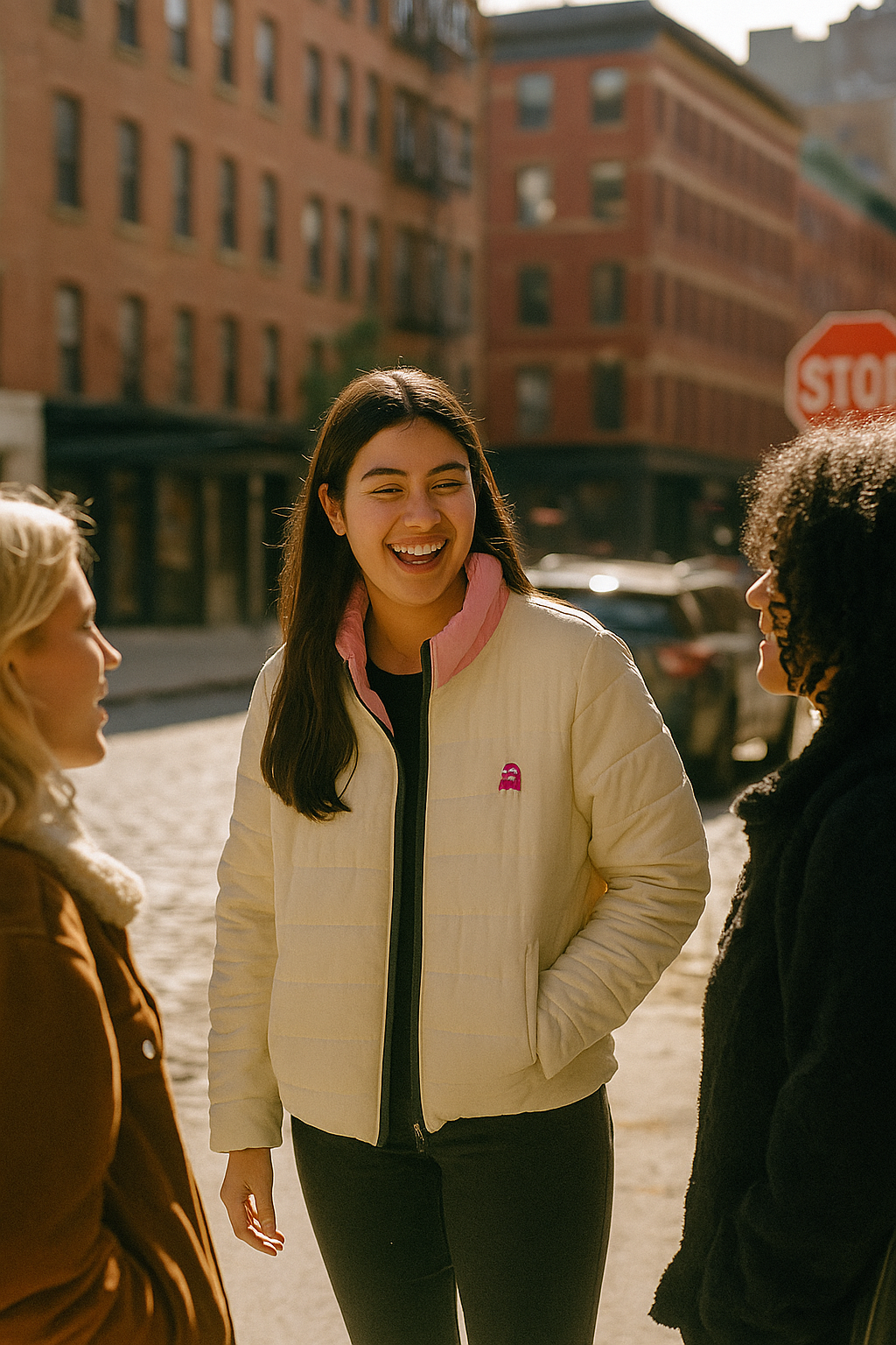 Woman wearing Pinky women’s puffer jacket with retro ghost detail in a city street setting