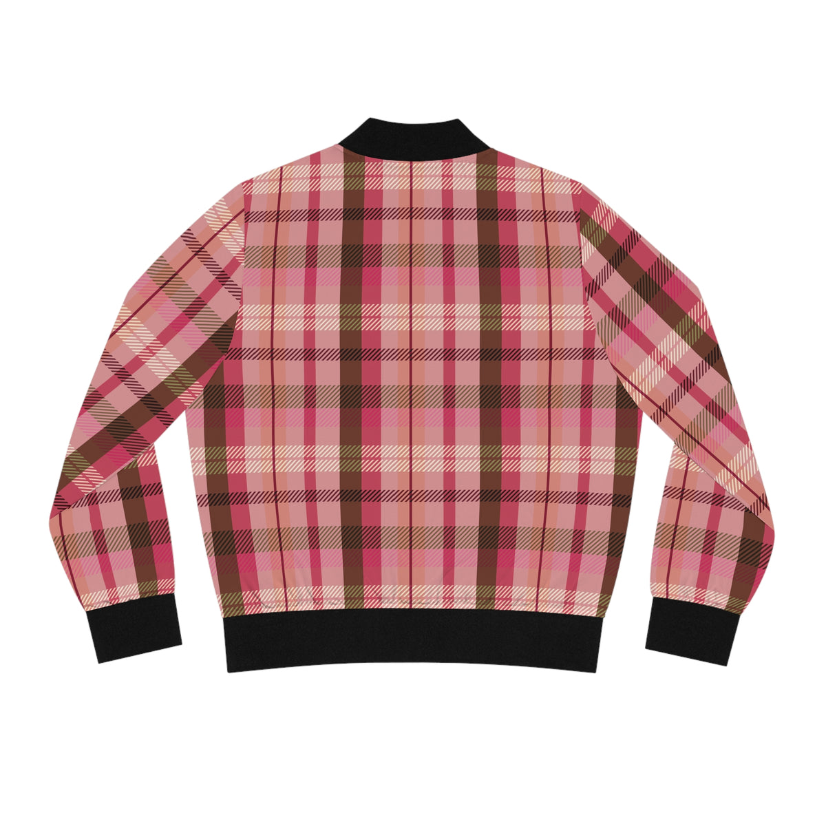 Back view of pink plaid women’s bomber jacket with all-over check pattern and black trim
