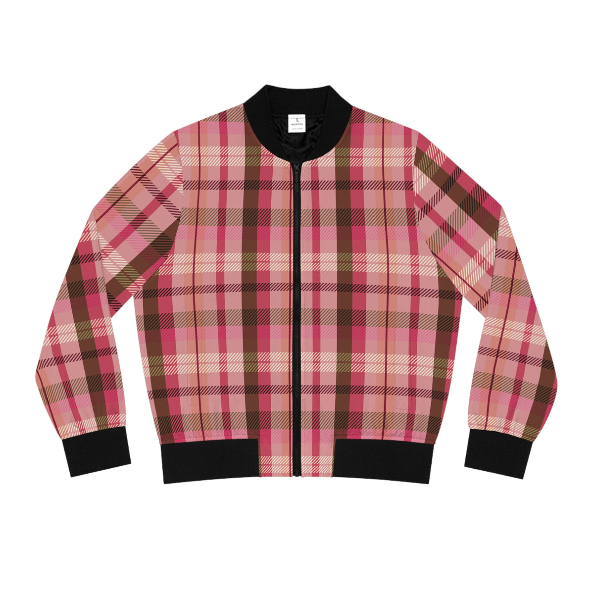 Front view of pink plaid women’s bomber jacket with black zipper, collar, cuffs and hem