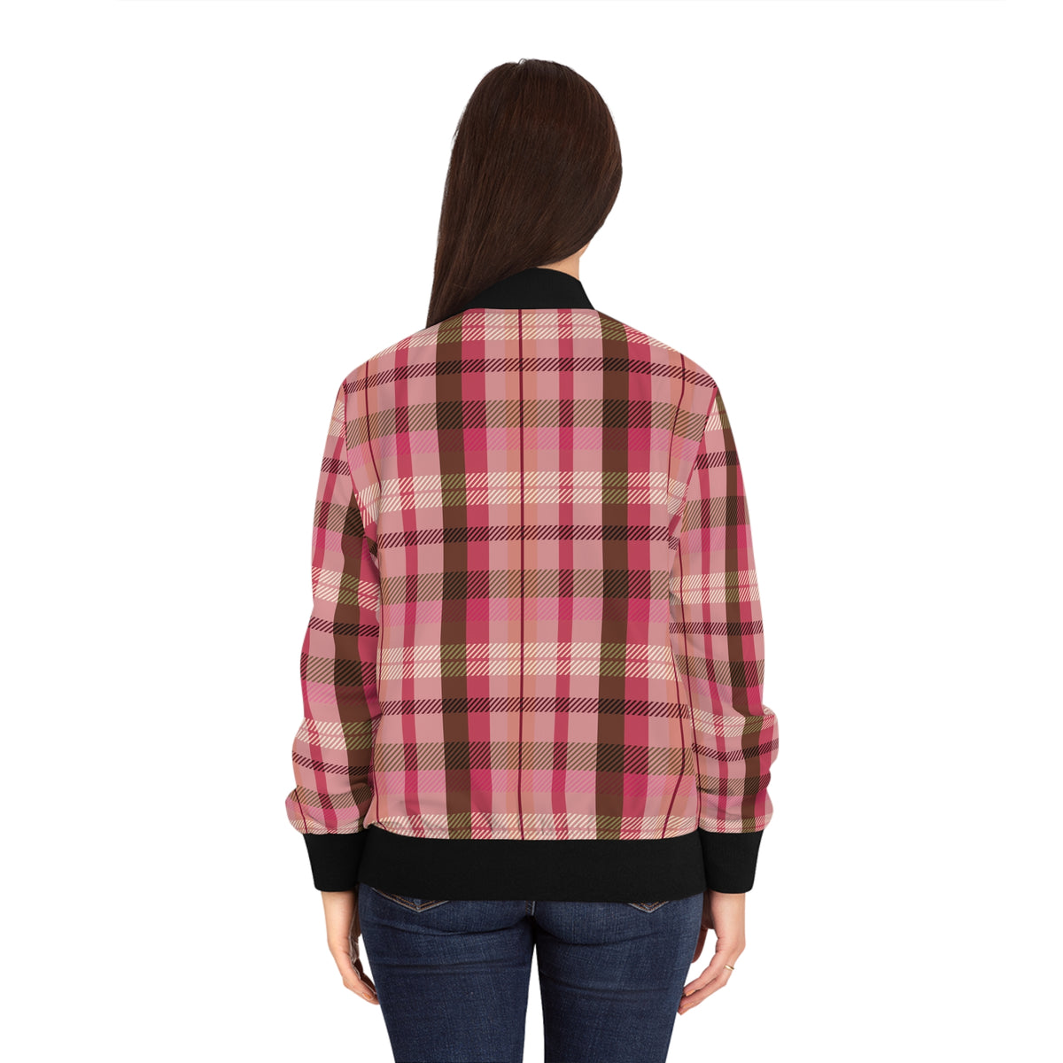 Female model wearing the pink plaid women’s bomber jacket from the back