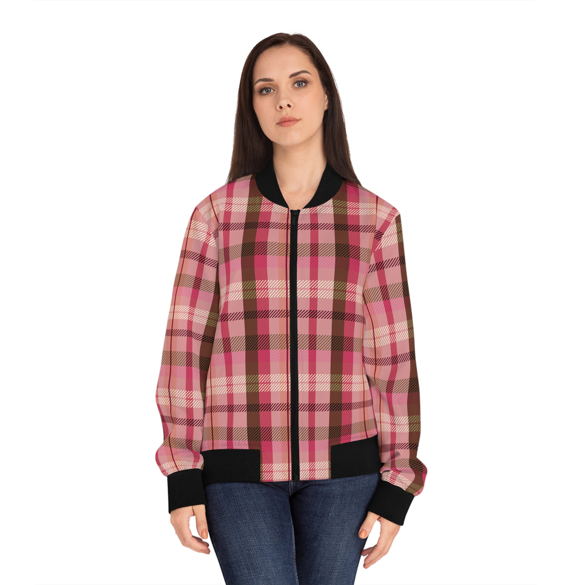 Female model wearing the pink plaid women’s bomber jacket from the front