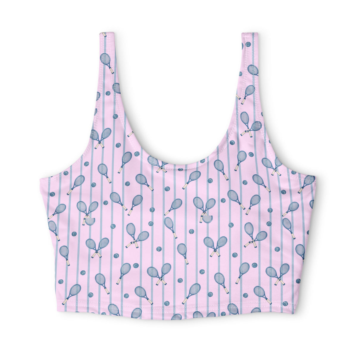 Front view of pink tennis print sports bra featuring blue tennis rackets, tennis balls, vertical stripes and a scoop neckline on a white background.