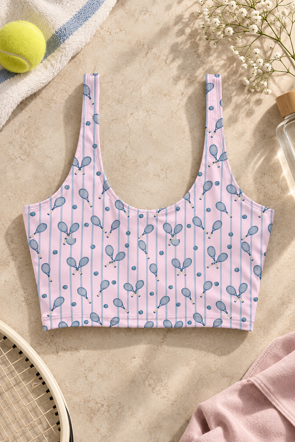Pastel pink tennis sports bra with blue racket print on a warm stone background, styled with a tennis ball, racket and pink sweatshirt.